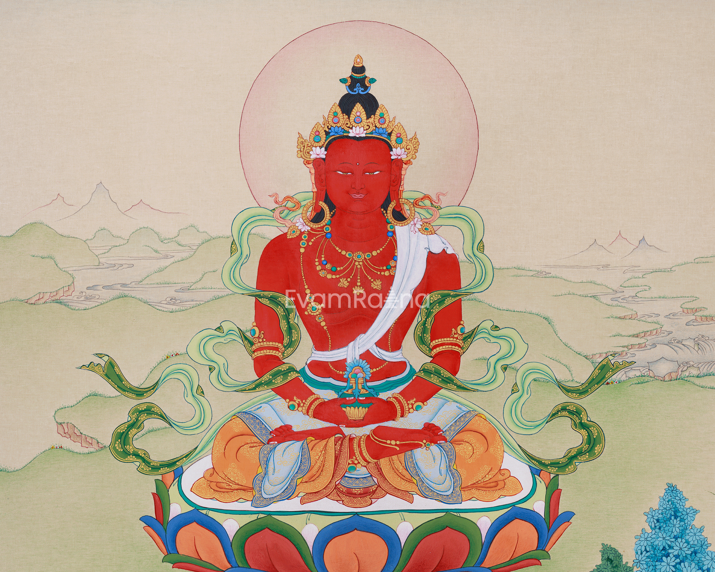 Red Buddha Amitayus | A Sacred Thangka of Longevity, Healing, and Wisdom