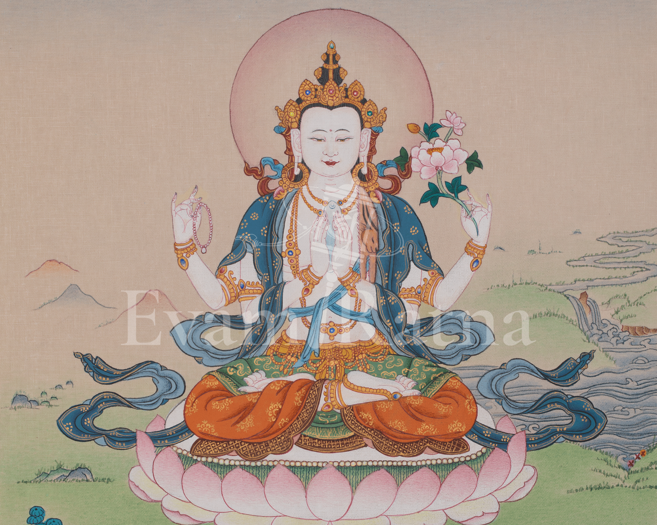 Hand Painted Chenrezig Thangka | Sacred Tibetan Artwork of Compassion and Wisdom