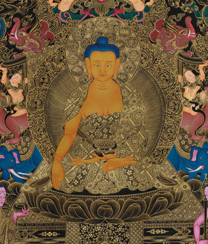 Imperial Presence Enlightened Teacher Shakyamuni Buddha | Opulent Gold Thangka of Buddha on Throne