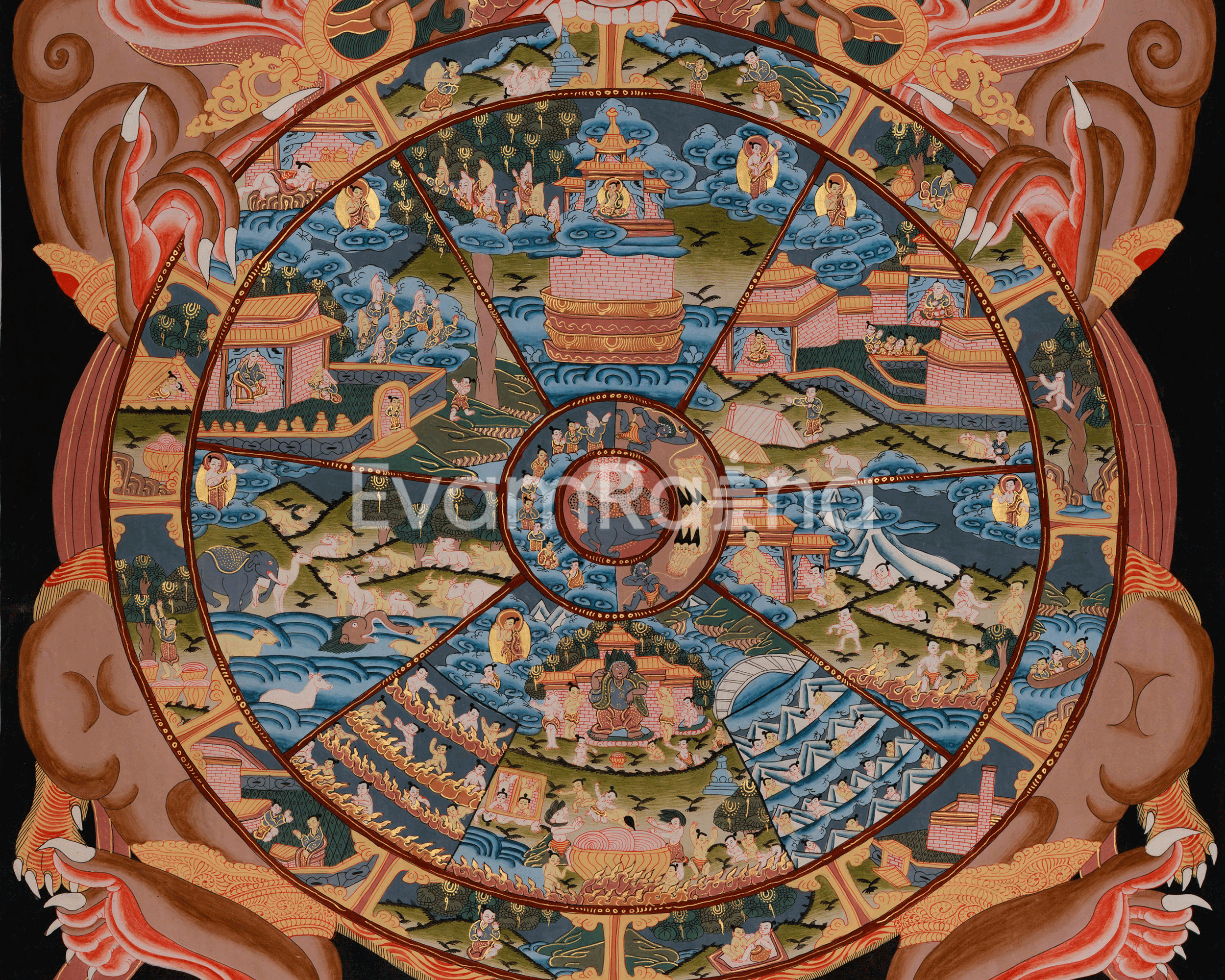 Sacred Wheel of Life Art | Bhavachakra Thangka | Tibetan Artwork