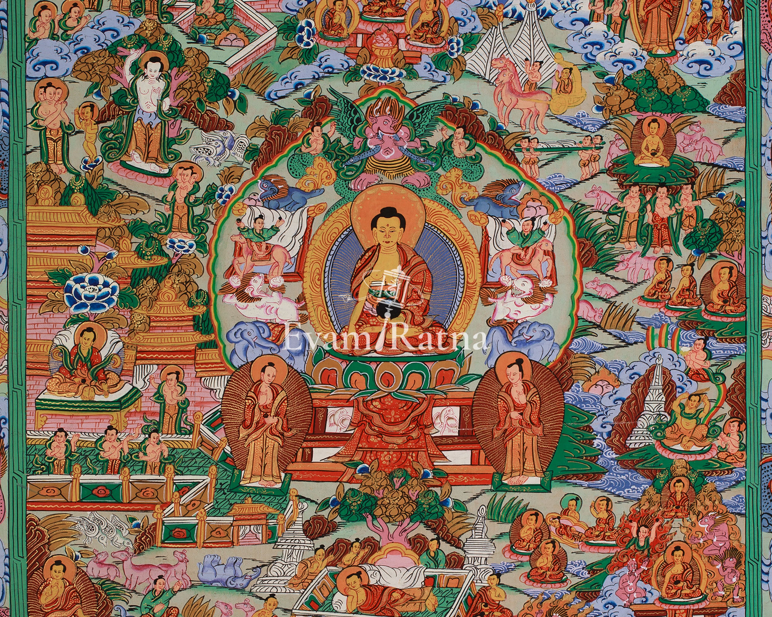 Traditional Thangka of Buddha Life Story | Tibetan Enlightenment Journey Painting