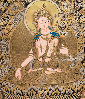 Regal 24K Gold Thangka of White Tara | Ethereal Presence of Goddess Dolma