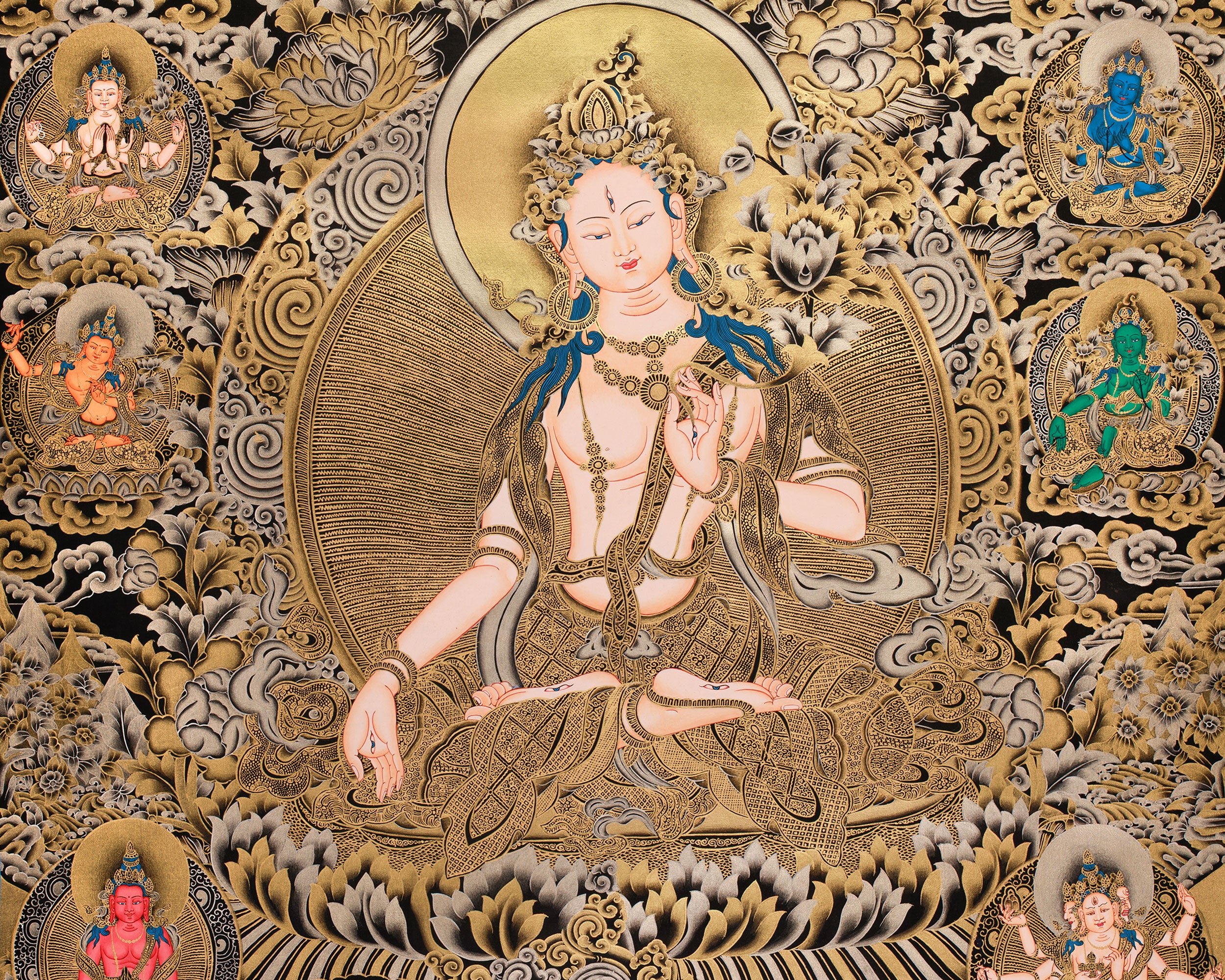 Regal 24K Gold Thangka of White Tara | Ethereal Presence of Goddess Dolma