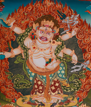 Hand-Painted White Mahakala Thangka | Wrathful Guardian of Wealth and Protection