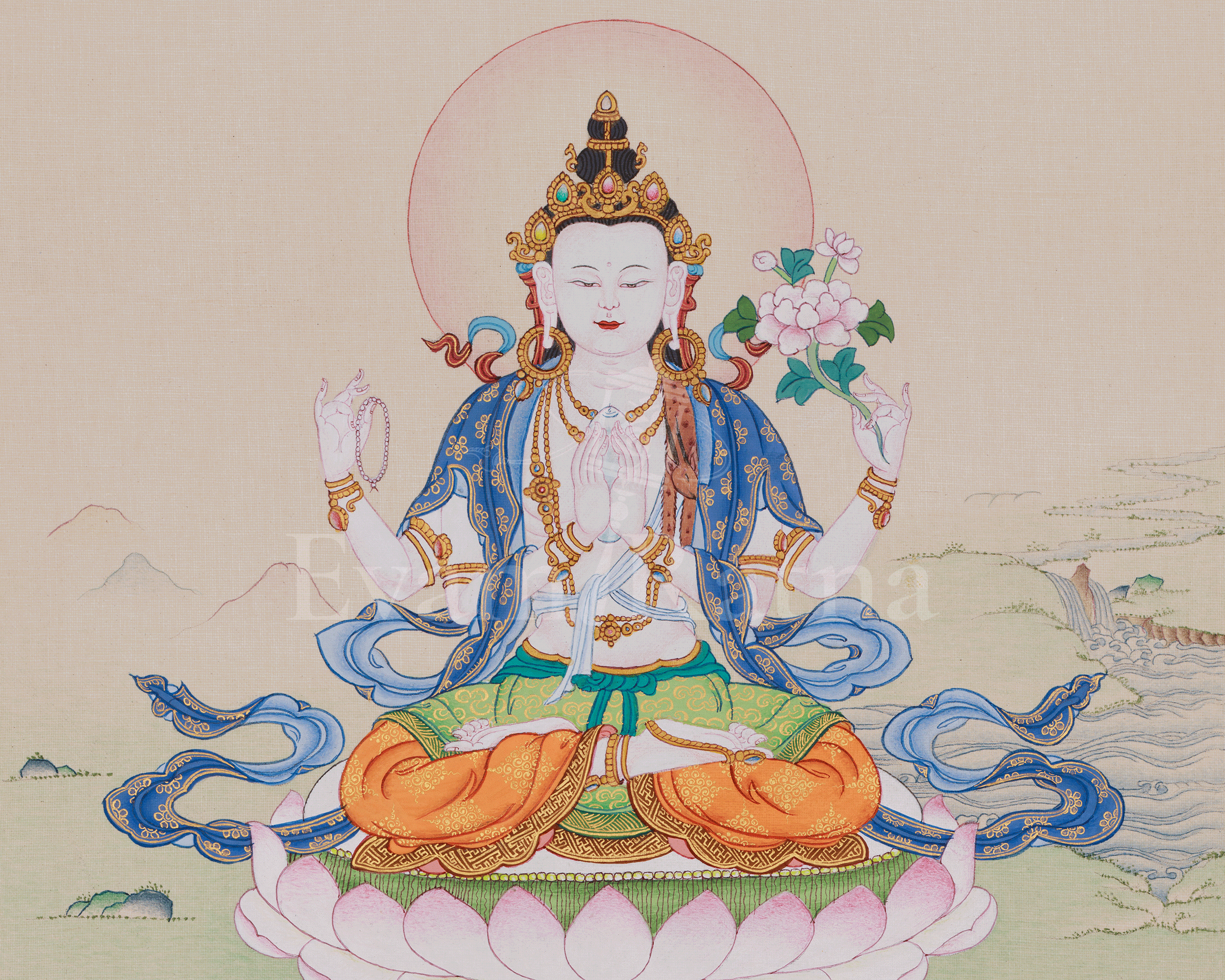 Compassionate Chenrezig Buddha Thangka | Four Armed Avalokiteshvara