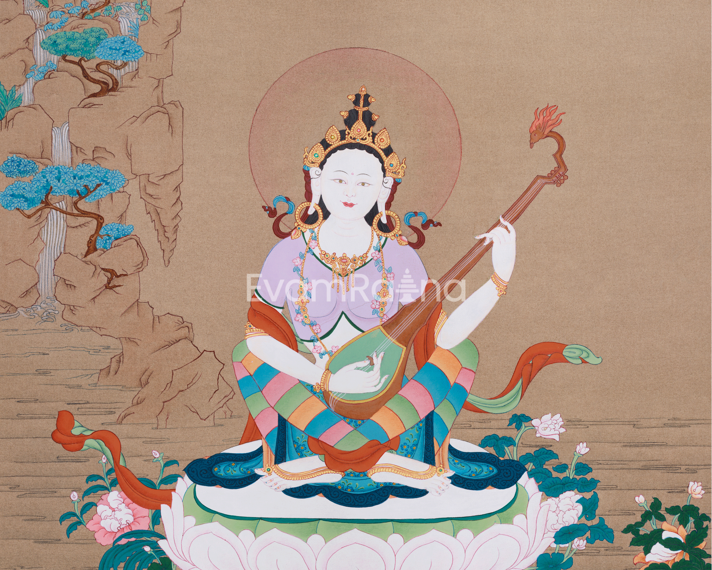 Beautiful Goddess Saraswati Thangka | Divine Embodiment of Learning & Music