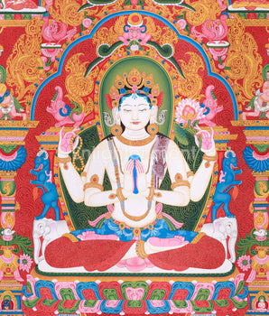 Tibetan Avalokitesvara, Chenrezig Thangka | Enlightened Bodhisattva | Paubha Art
