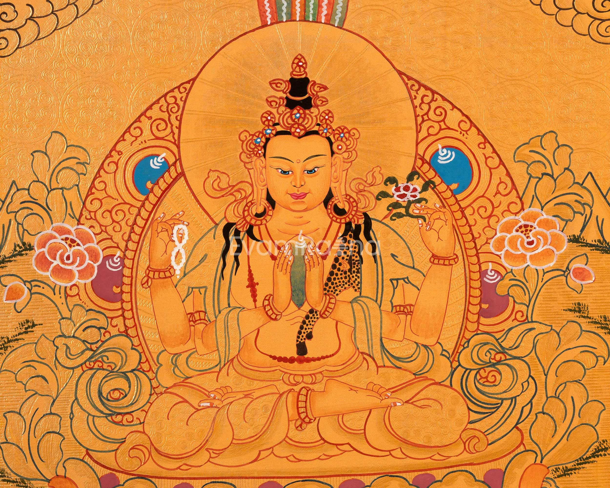 Sacred Thangka of Four-Armed Chenrezig | Tibetan Bodhisattva of Compassion