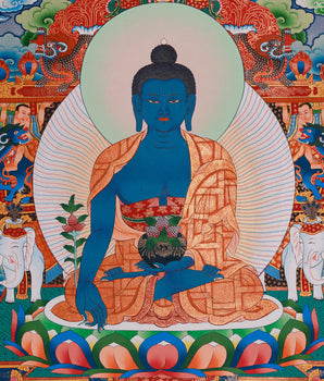 Lapis Lazuli Bhaisajyaguru Thangka | Medicine Buddha and Compassionate Guardians