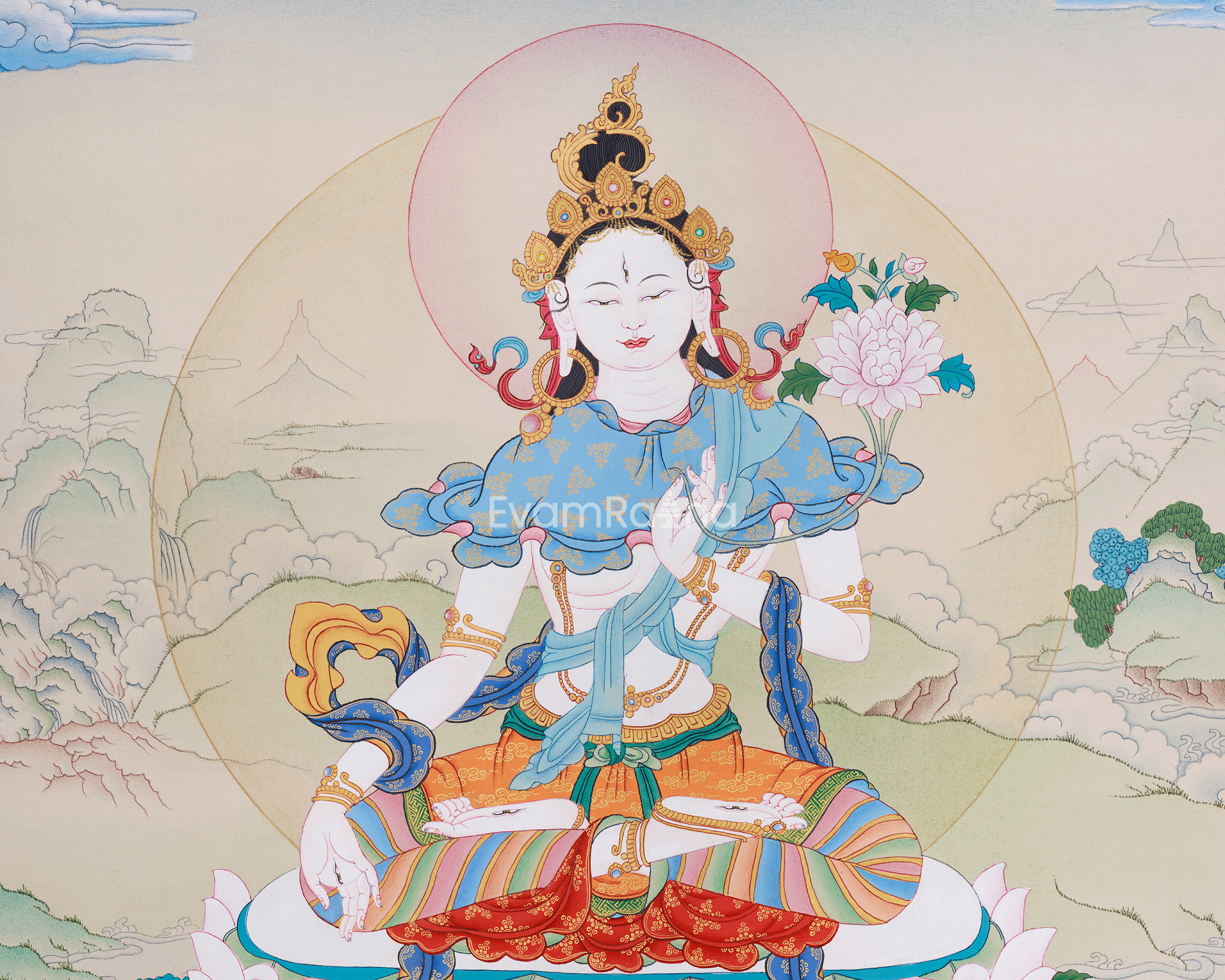 Buddhist Goddess White Dolma | A Sacred Thangka of Purity, Compassion, and Spiritual Healing