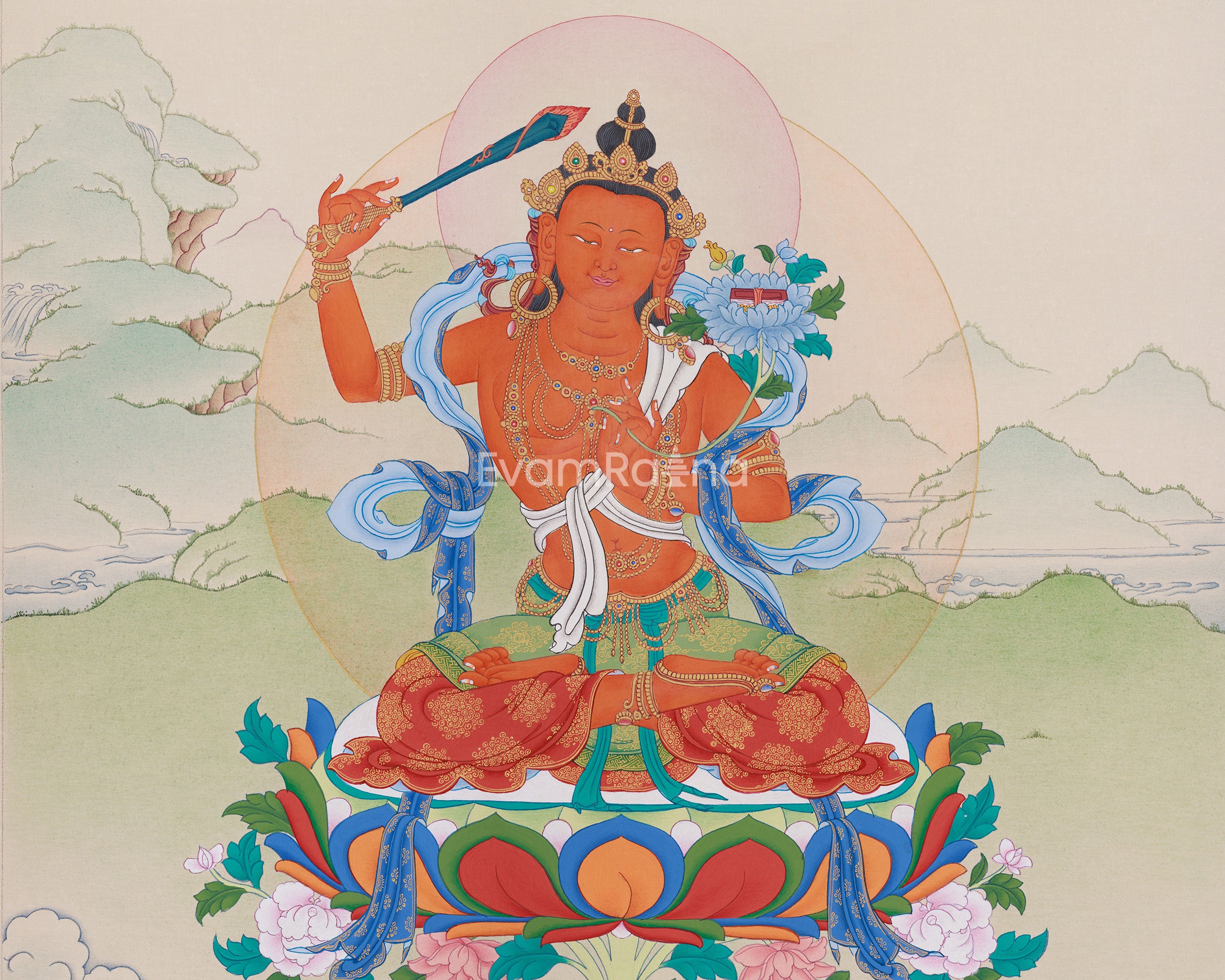 Tibetan Thangka of Flaming Sword Holder Manjushri | Divine Wisdom in Art