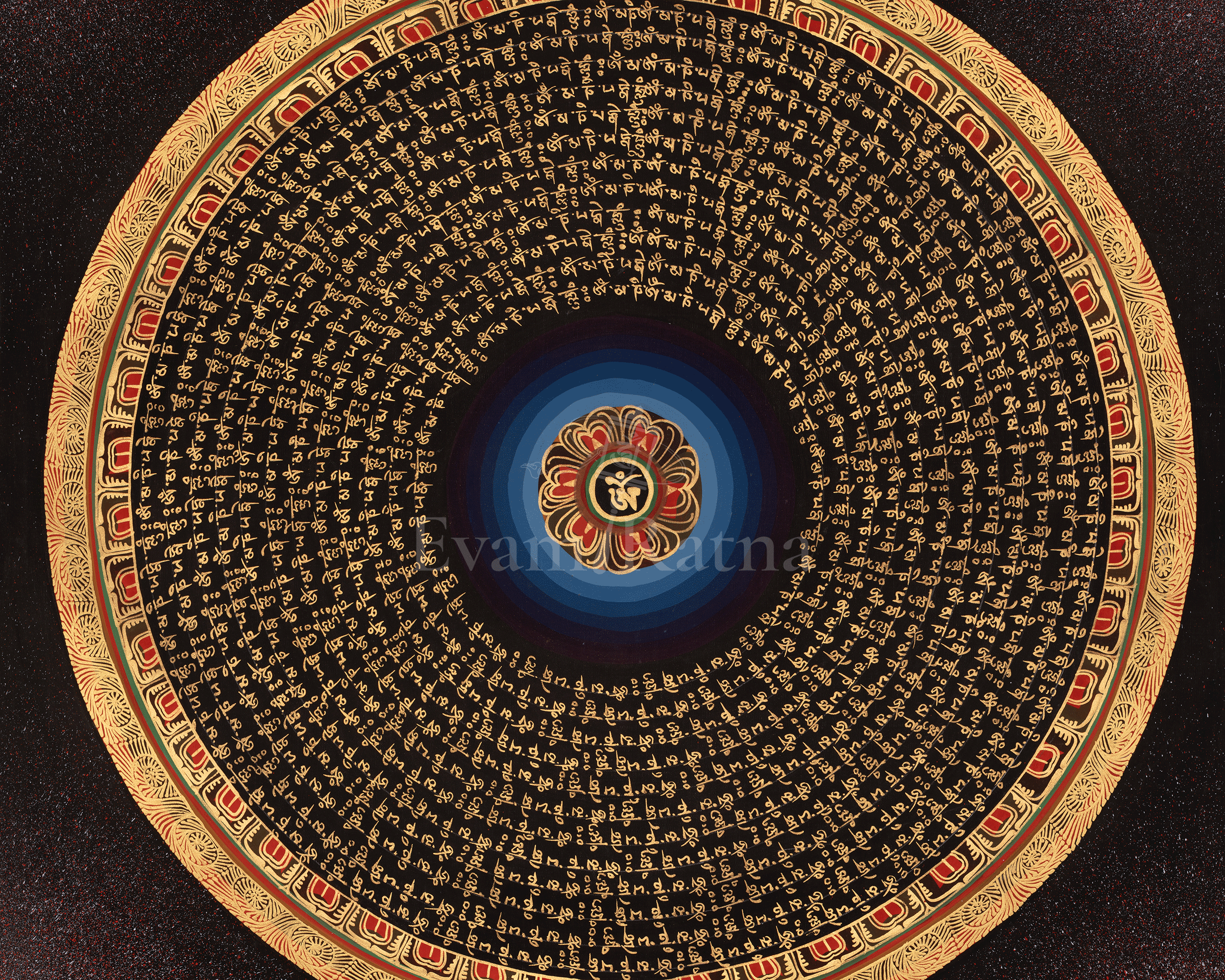 Om Mantra Mandala Thangka | Sacred Tibetan Buddhist Gold-on-Black Painting