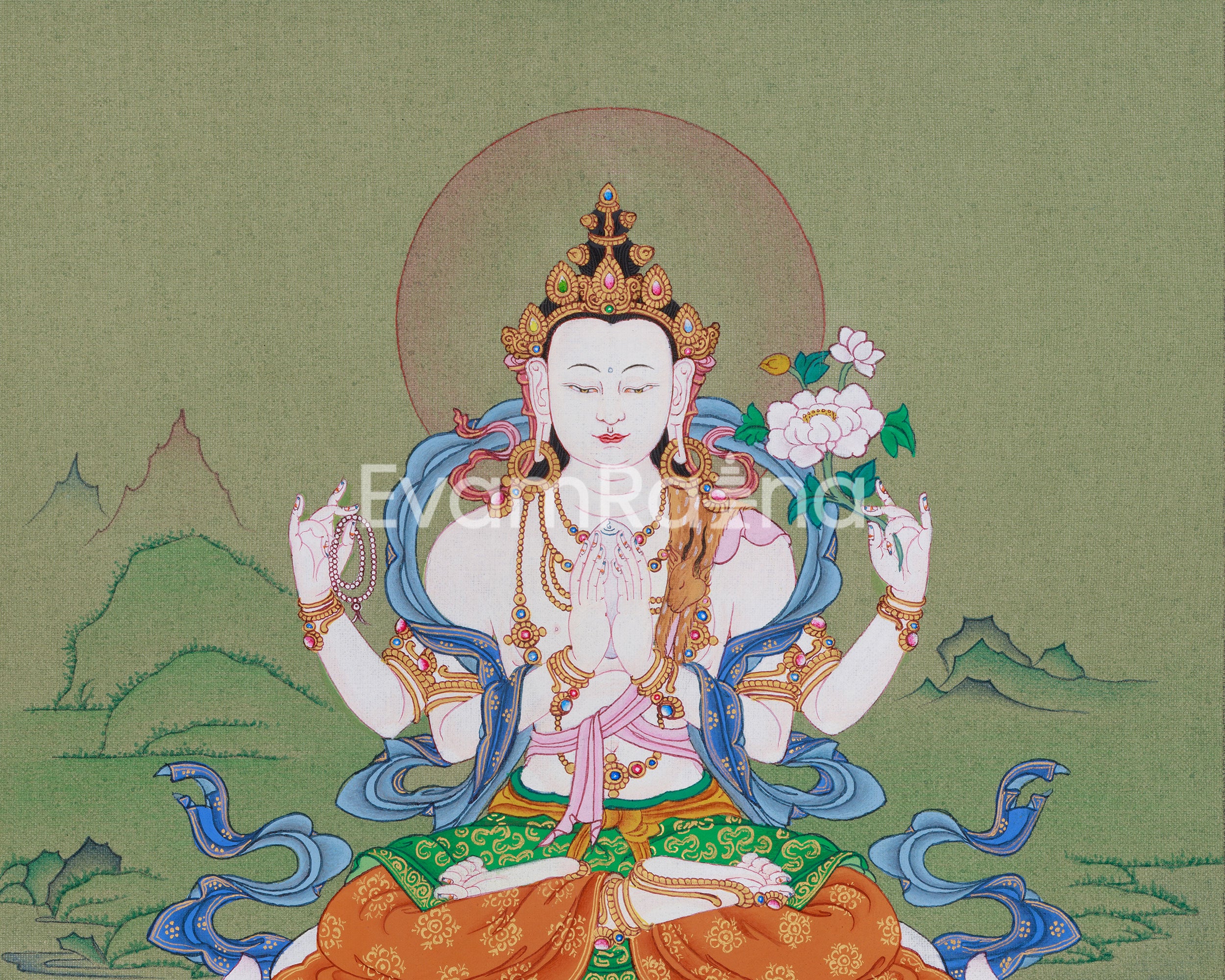 Beautiful Four-Armed Chenrezig Thangka | Avalokiteshvara Art