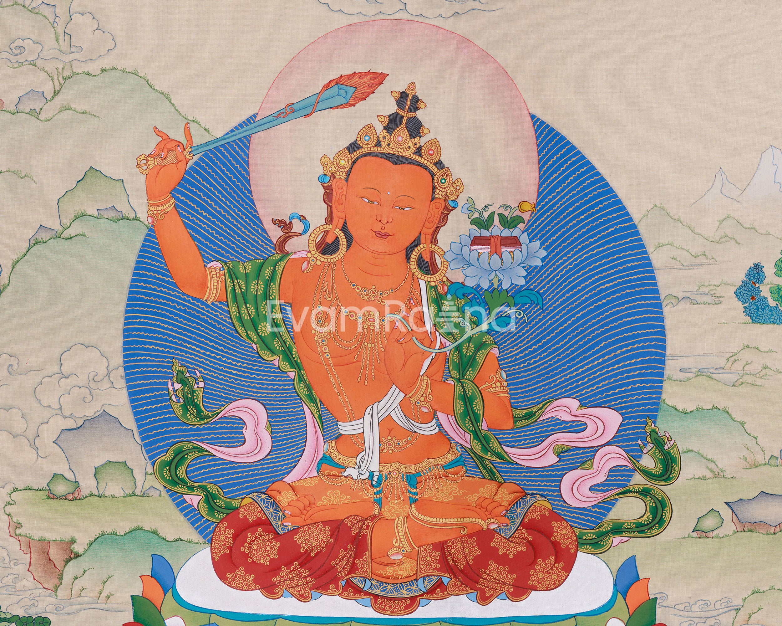 Sacred Manjushri, White Tara, and Dzambhala Thangka | Knowledge, Protection, and Prosperity