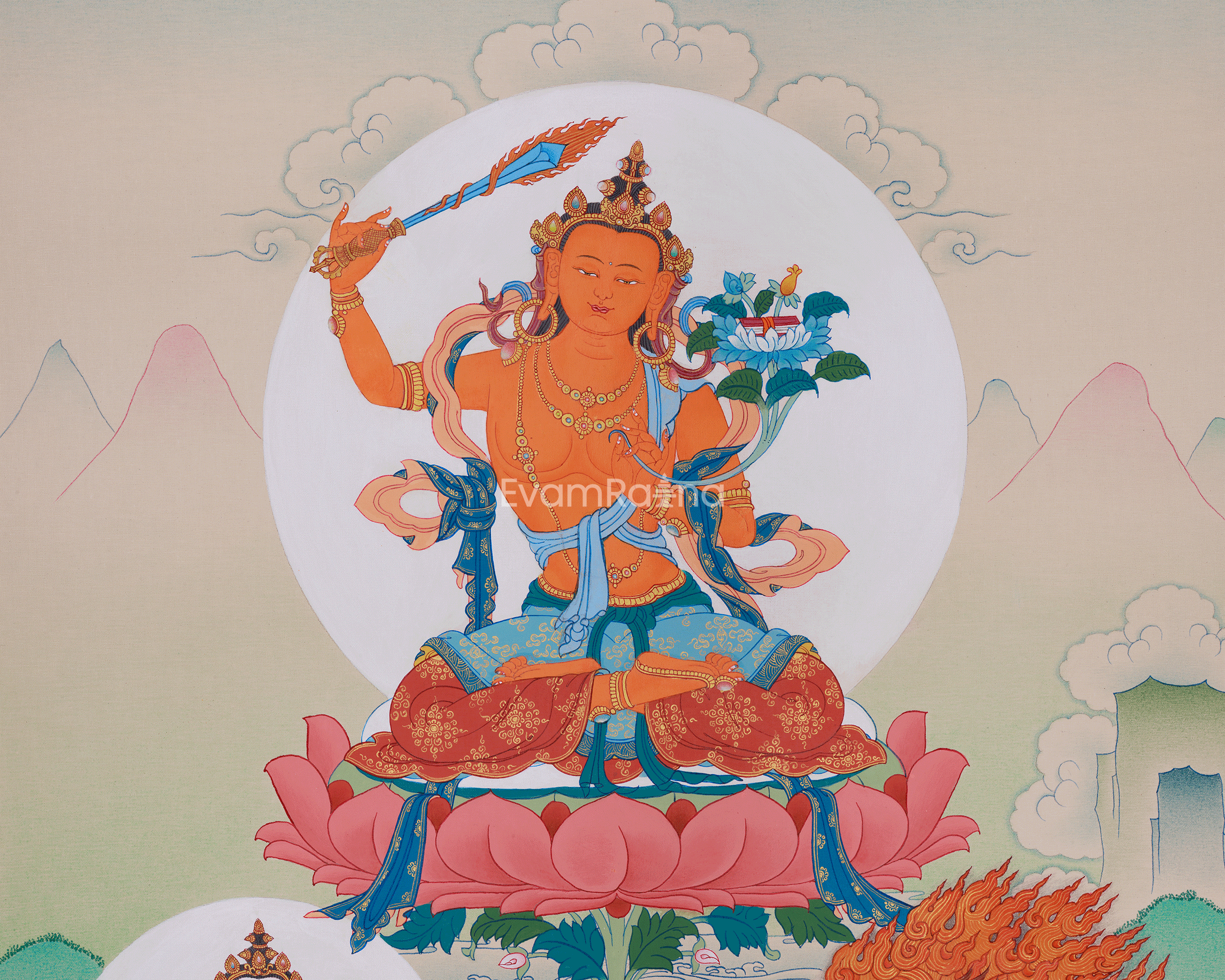 Manjushri with Chenrezig and Vajrapani Thangka | The Divine Triad of Wisdom, Compassion, and Protection