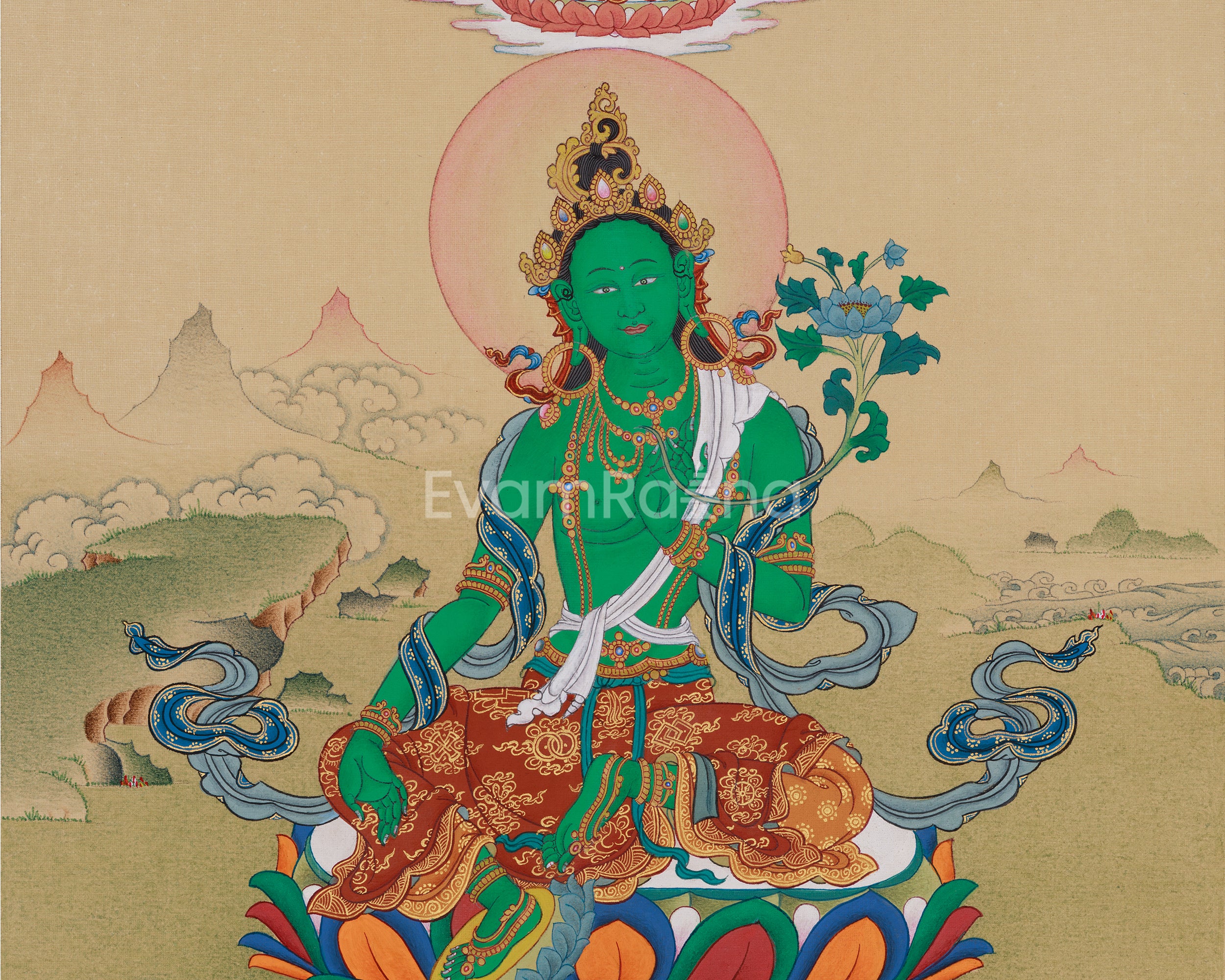 Green Tara with Amitabha Buddha Painting | Compassionate Deity and Buddha of Infinite Light