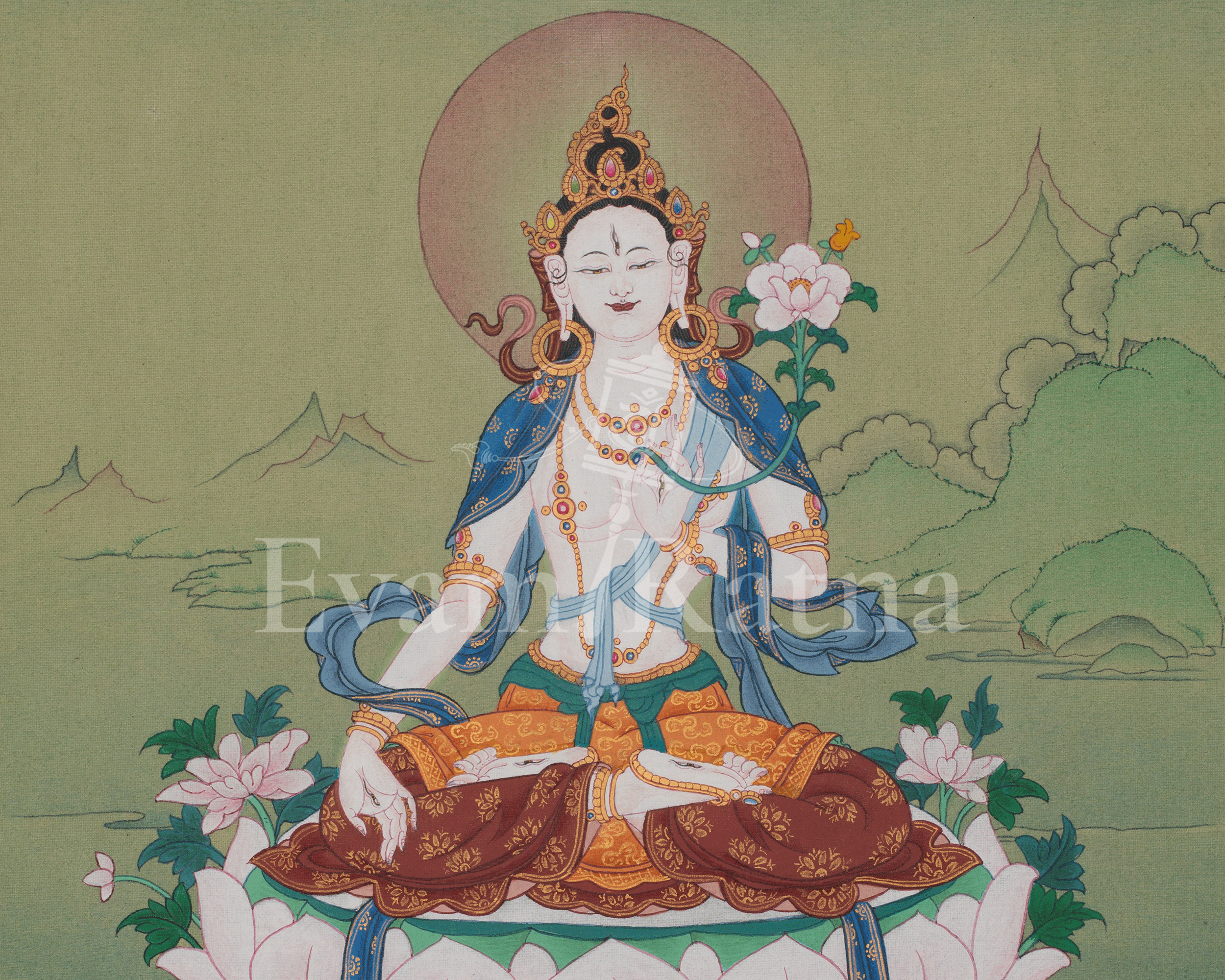 White Tara Tibetan Artwork | Seven Eyed Deity | Meditation Altar | Revered Female Buddha