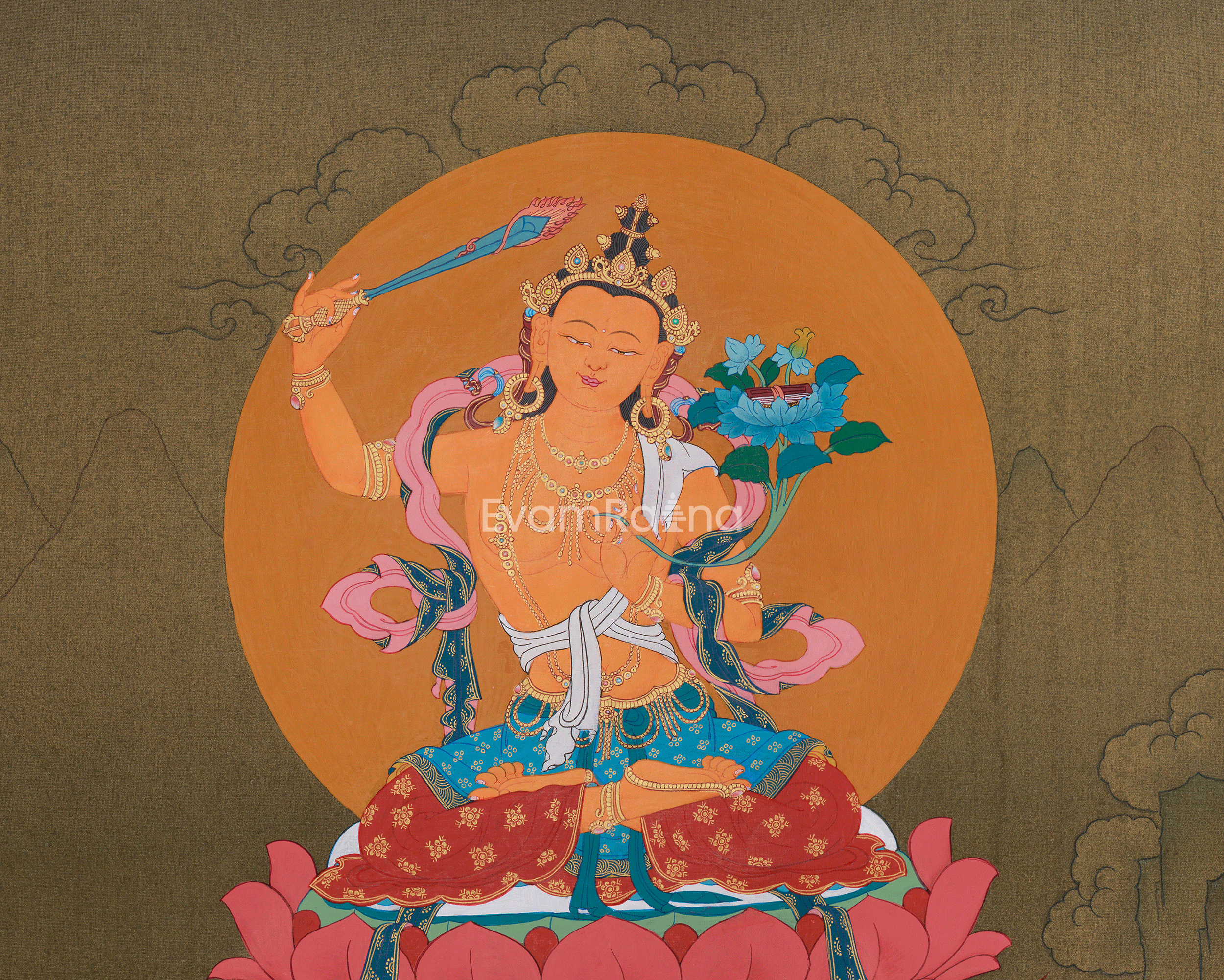 Tibetan Buddhist Manjushri with Chenrezig and Vajrapani | Thangka of Three Bodhisattvas