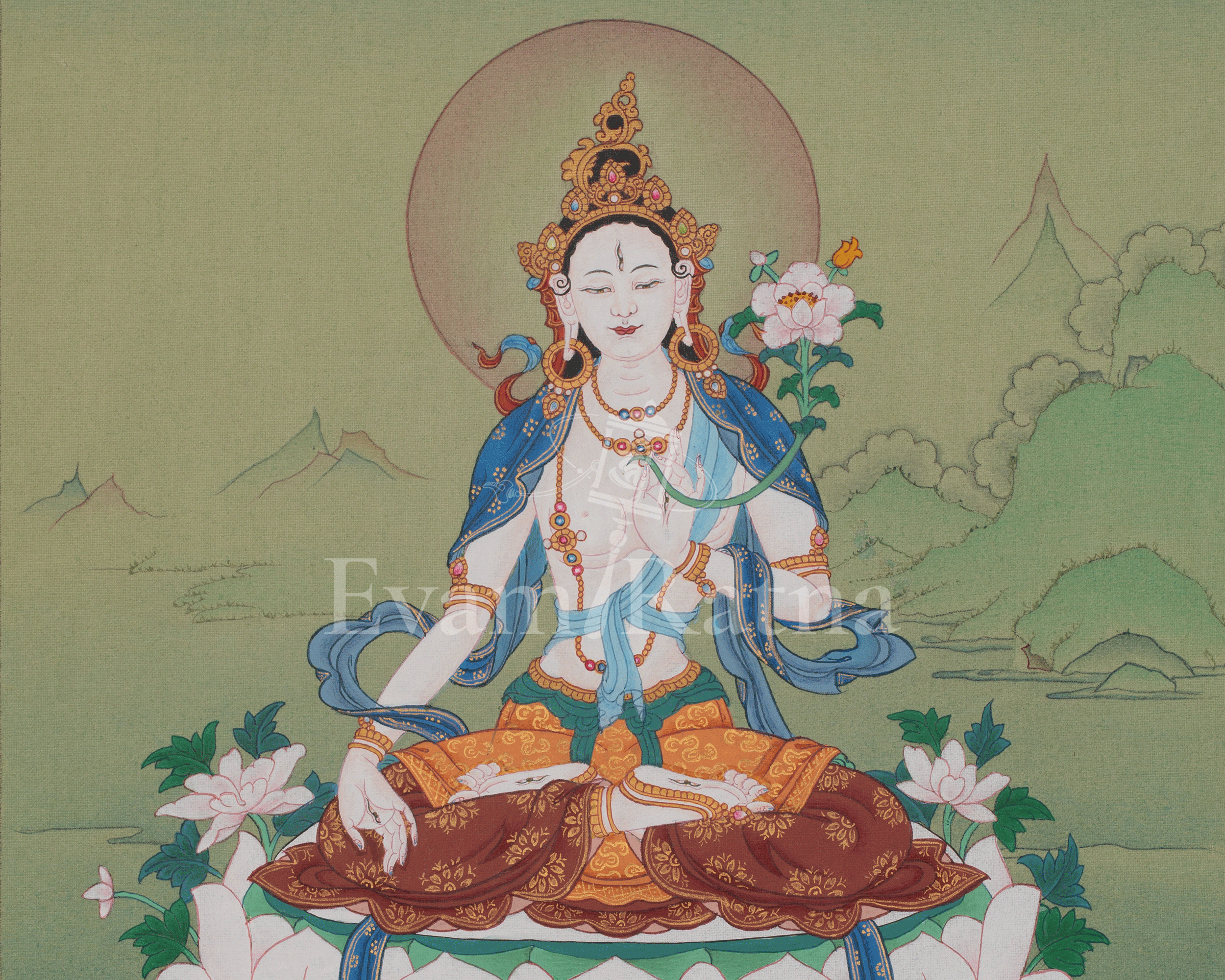 White Tara Compassion Thangka Art | Longevity Deity | Hand-painted Artwork