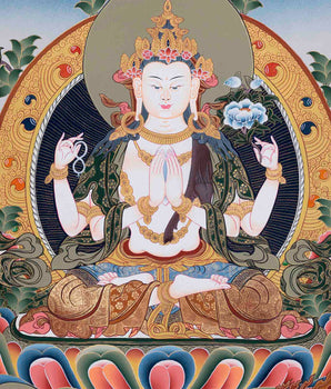 Traditionally Hand-Painted Chenresig Thangka | Best Quality Tibetan Thangka Art