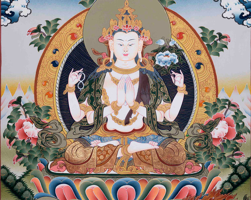 Traditionally Hand-Painted Chenresig Thangka | Best Quality Tibetan Thangka Art