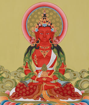 24-Inch Amitayus Buddha Thangka | Hand-Painted Red Buddha on Cotton Canvas