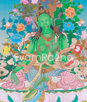 Green Tara Thangka Art | Karma Gadri Style Painting | Himalayan Wall Decor