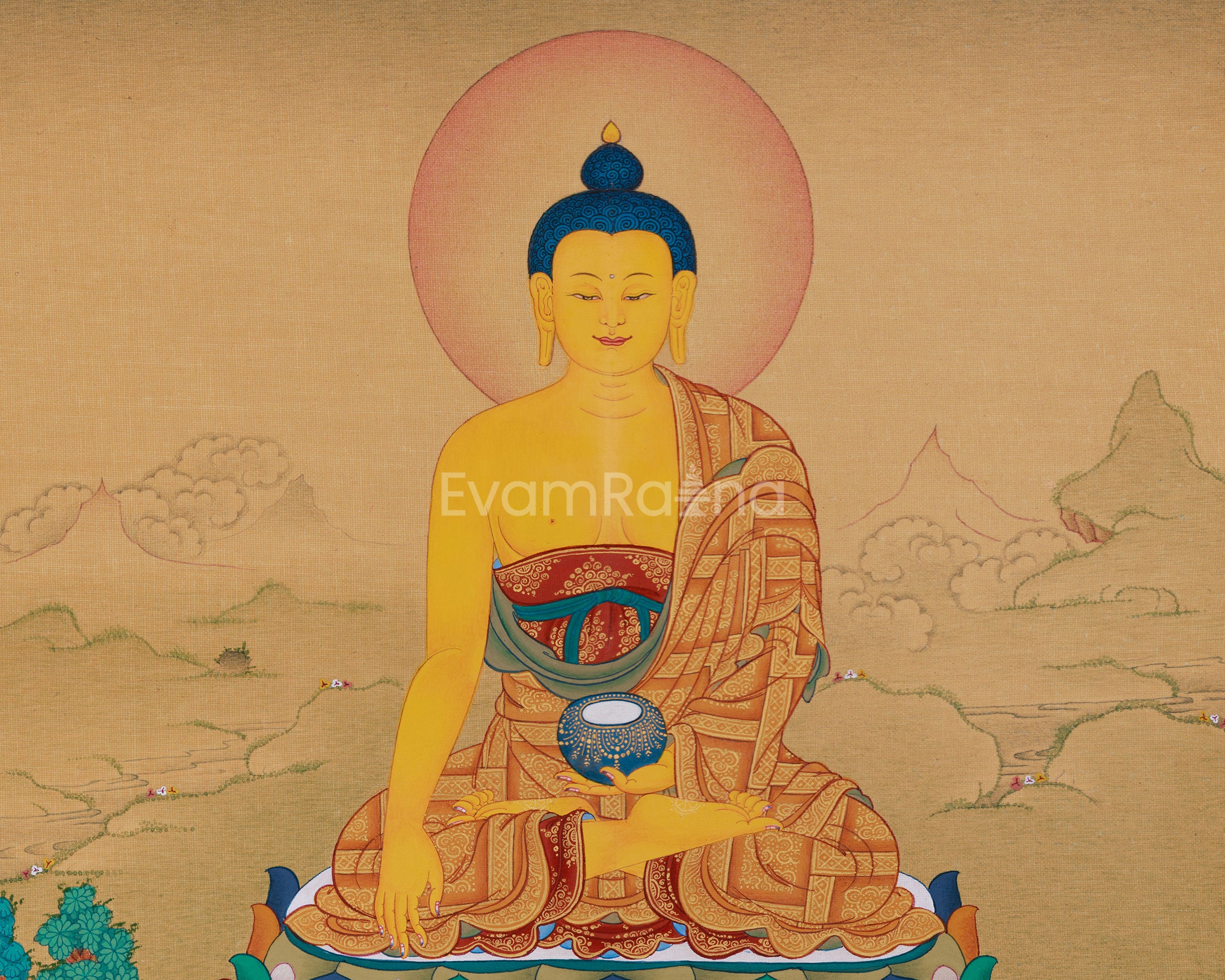 Hand-Painted Buddha In Bhumi Sparsha Mudra Thangka | Tibetan Buddha Painting