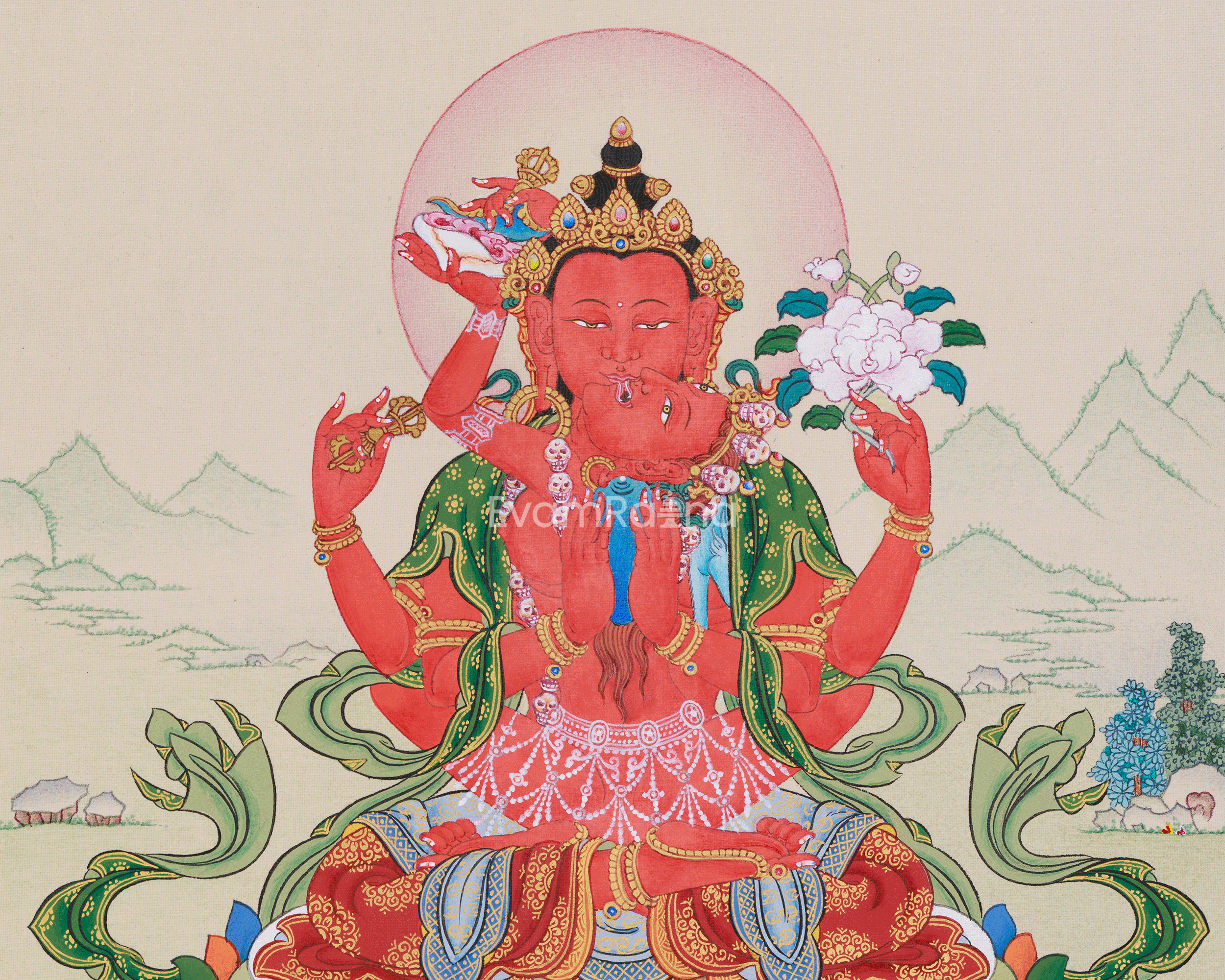 Red Chenrezig Thangka | Gyalwa Gyasto with Consort