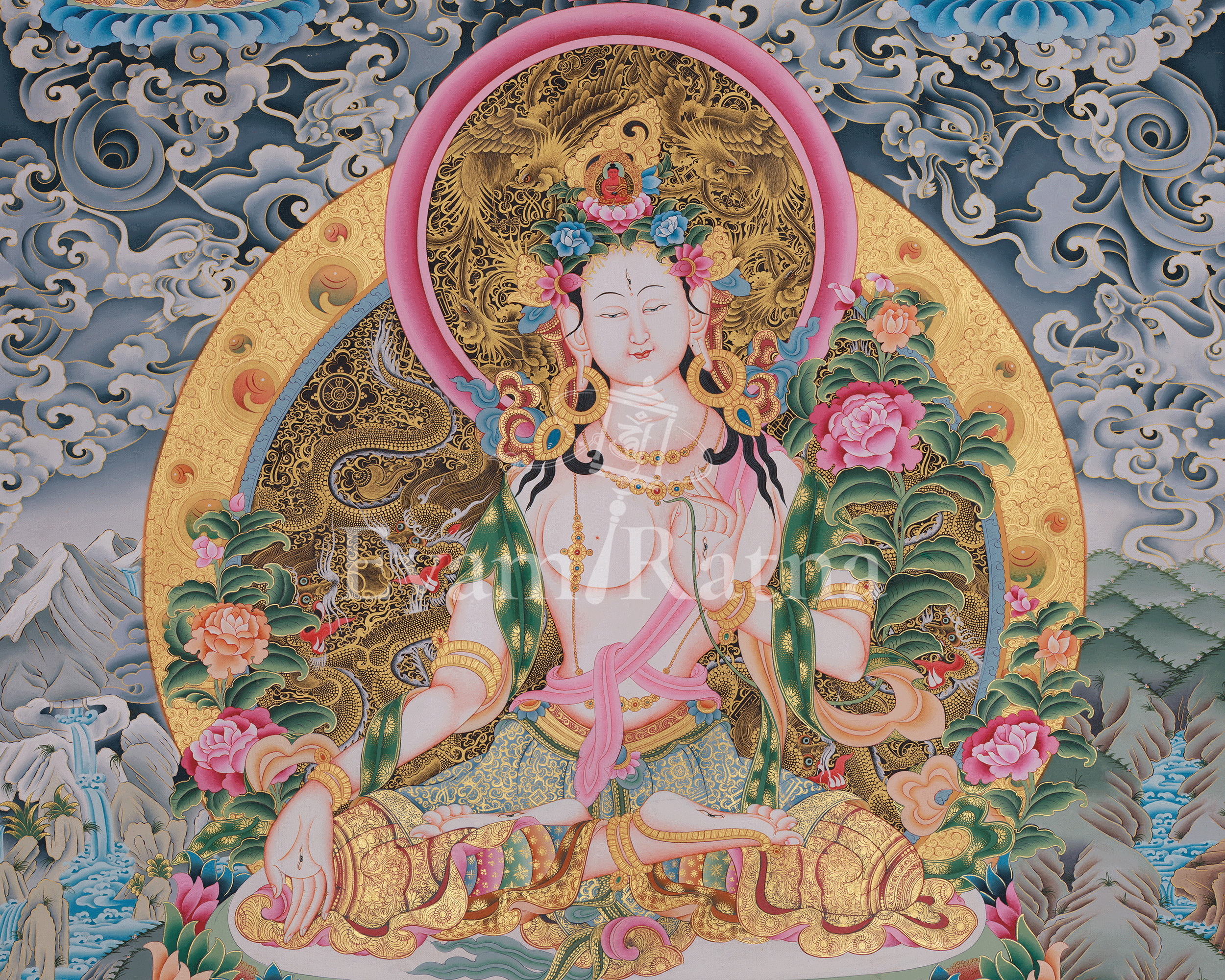White Tara With Other Deities Thangka | Vajrayana Deity Shyama Tara