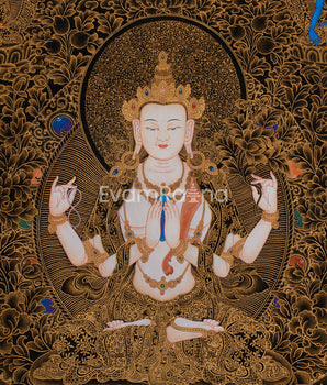 Tibetan Four-Armed Chenrezig Thangka | Compassionate Bodhisattva of Mercy