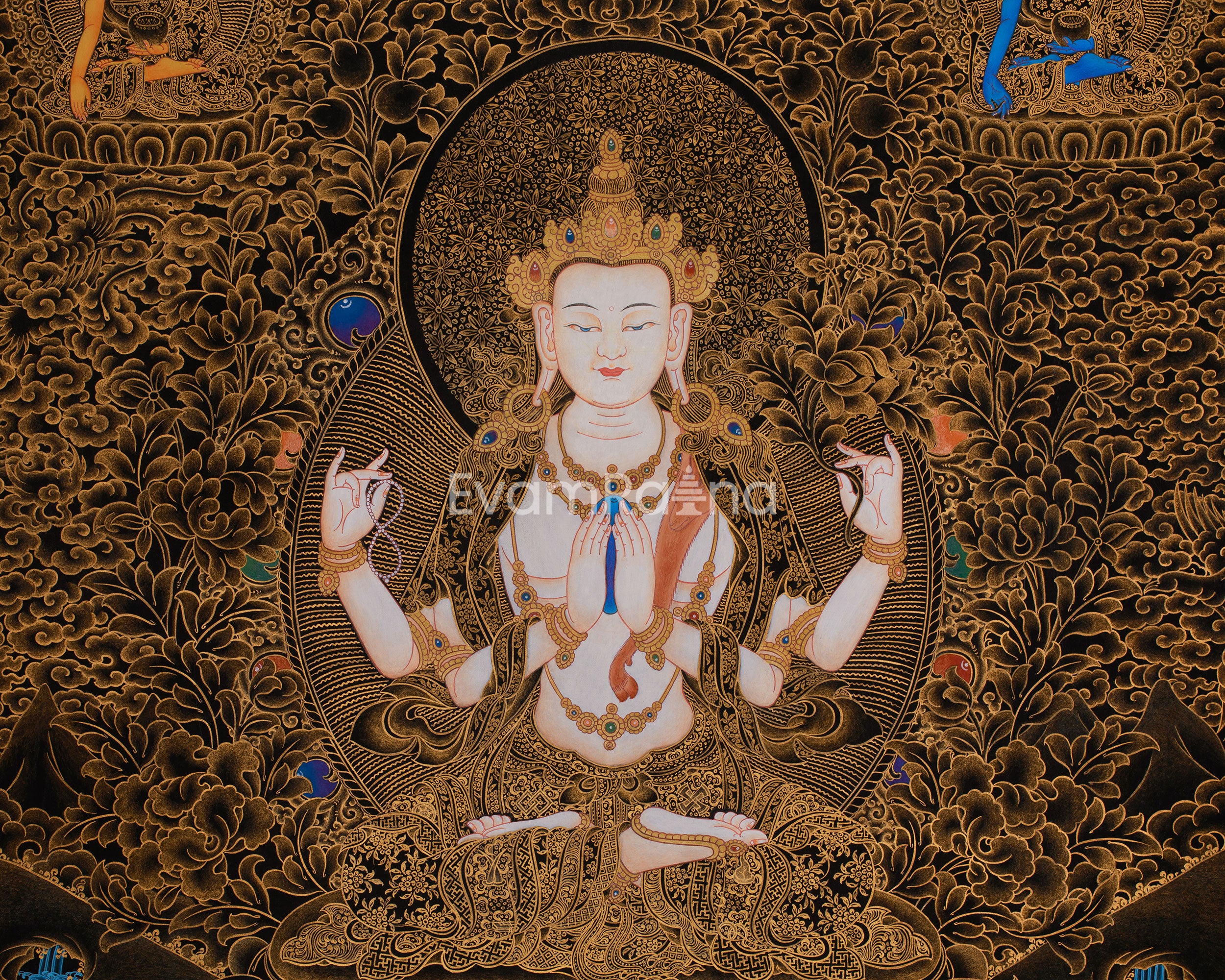 Tibetan Four-Armed Chenrezig Thangka | Compassionate Bodhisattva of Mercy