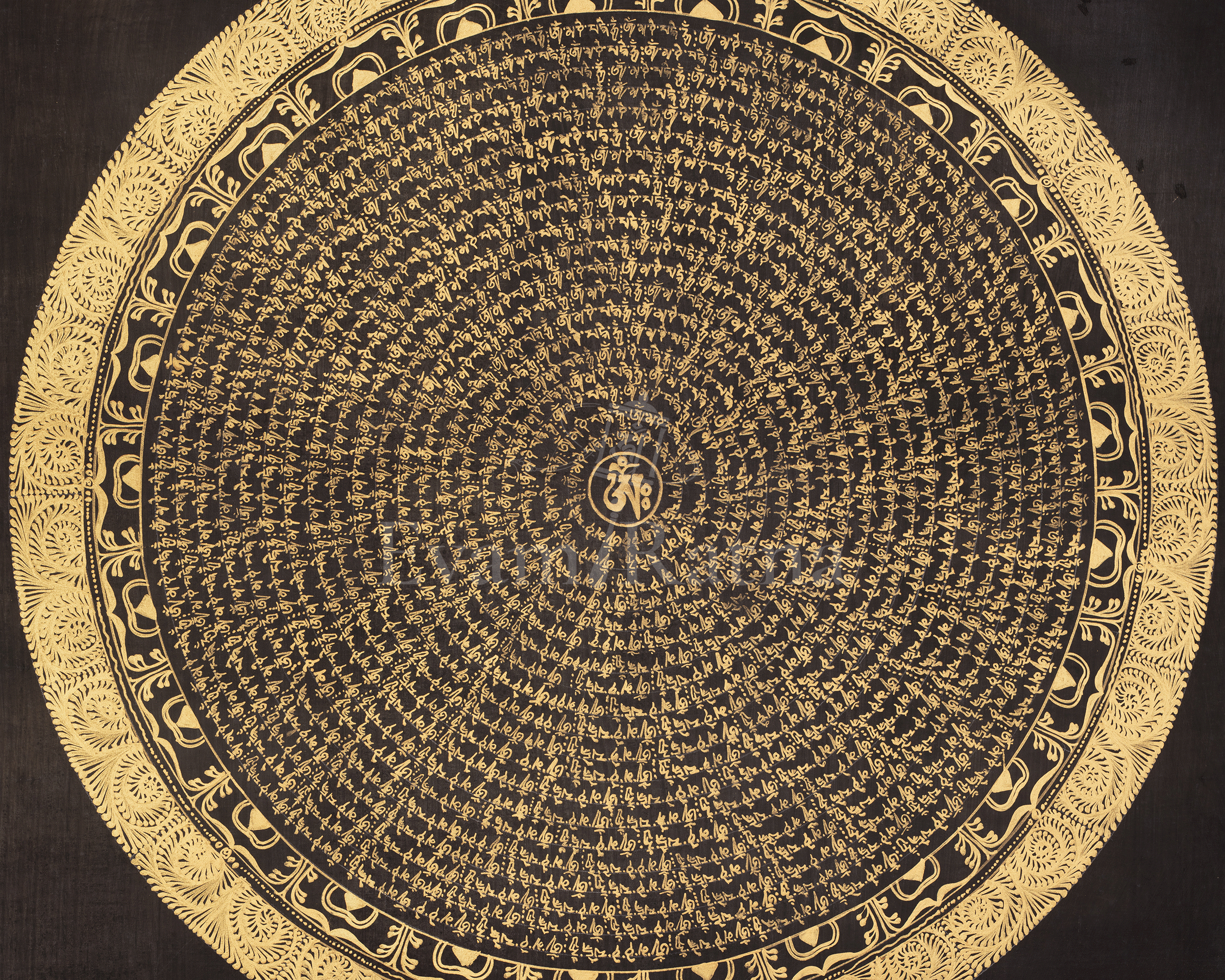 Tibetan Thangka of Mantra Mandala | Sacred Gold-on-Black Buddhist Artwork
