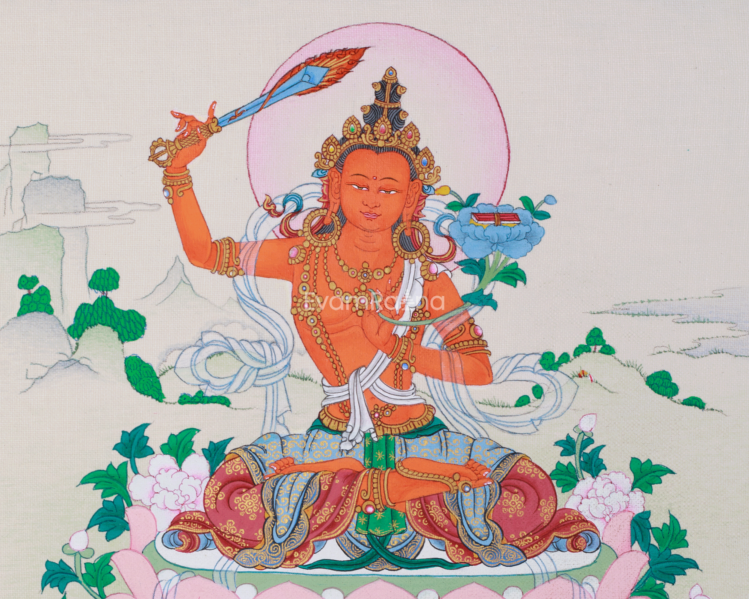 Manjushri Buddhist Thangka | The Divine Bodhisattva of Wisdom and Knowledge
