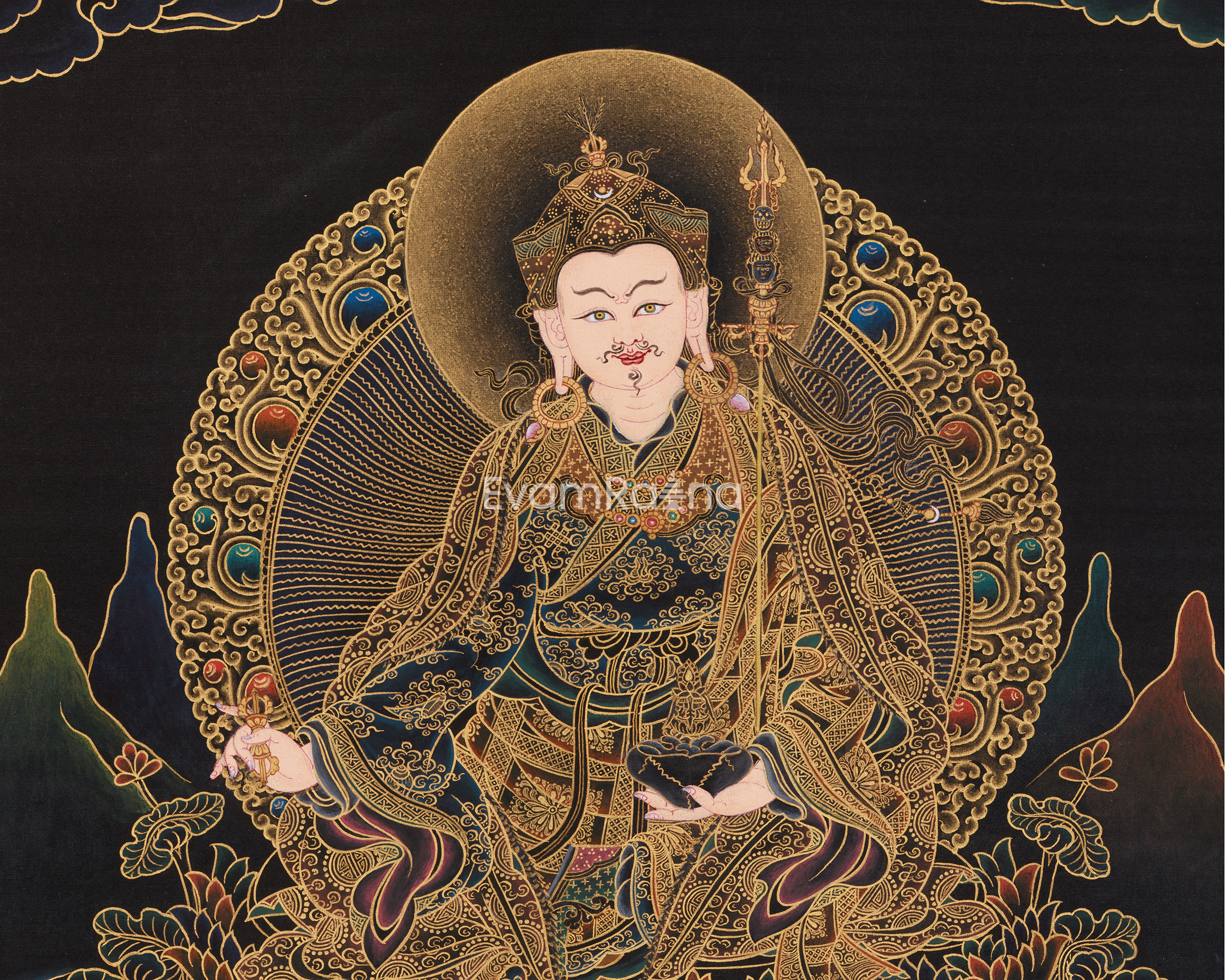 Black and Gold Thangka of Guru Rinpoche | Tantric Master of Vajrayana Buddh