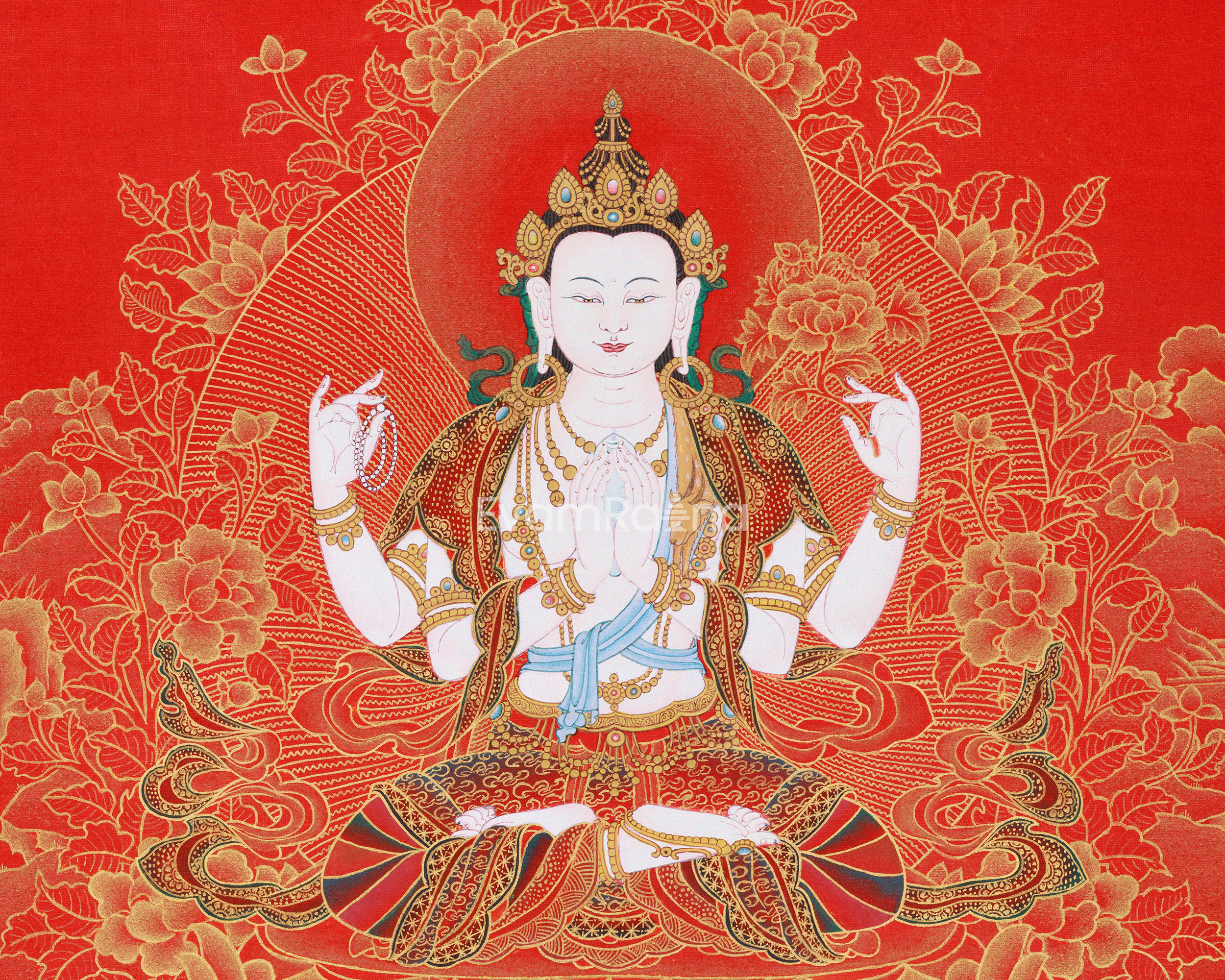 4 Arms Chenrezig Thangka | Nakthang Style with 24K Gold on Red Canvas