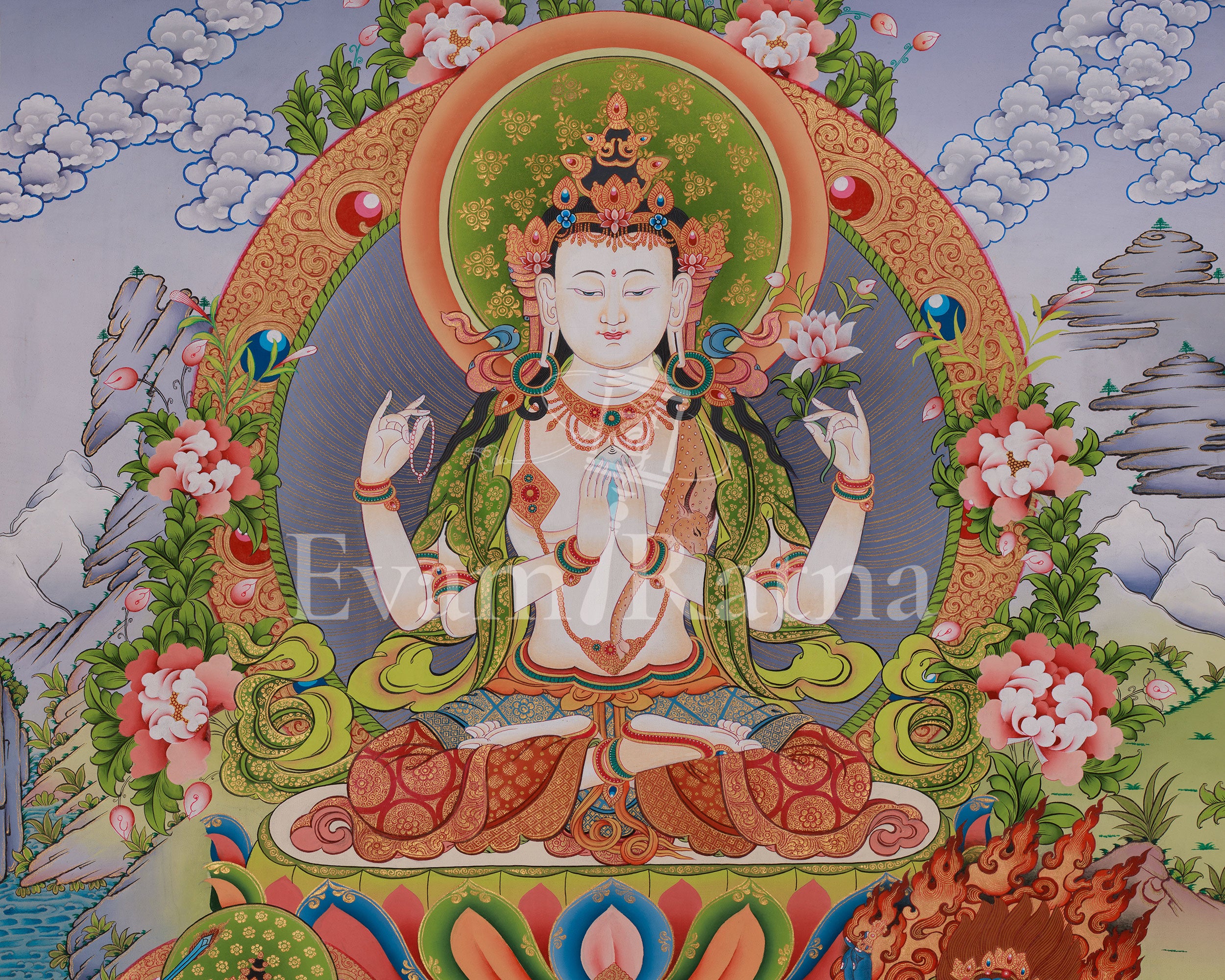 Four-armed Chenrezig Art | Sacred Avalokiteshvara Thangka
