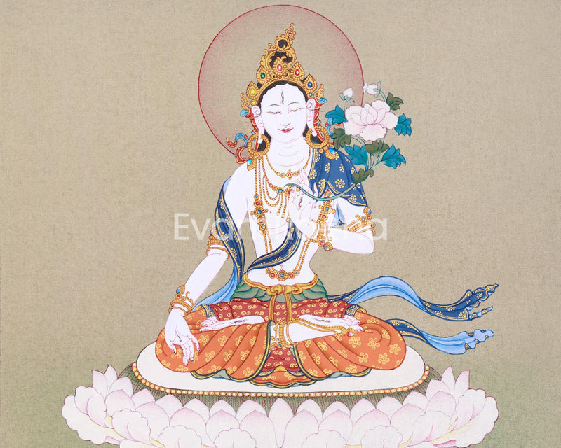 Embrace the Serenity with White Tara Thangka | Female Bodhisattva Canvas