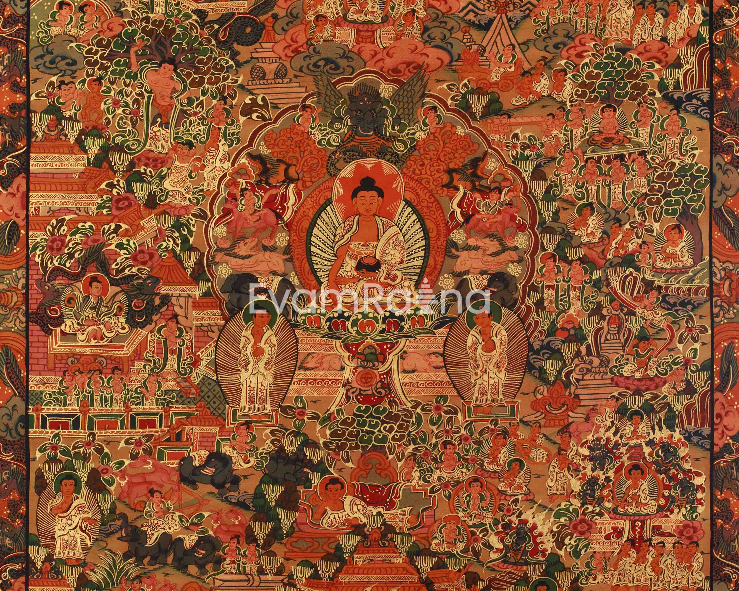Sacred Buddha Life Story Art | Birth, Enlightenment, and Teaching of Dharma Thangka