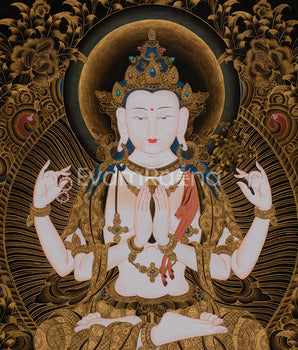 Large 30 Inches Chenrezig in Gold | Four-Armed Bodhisattva of Infinite Compassion