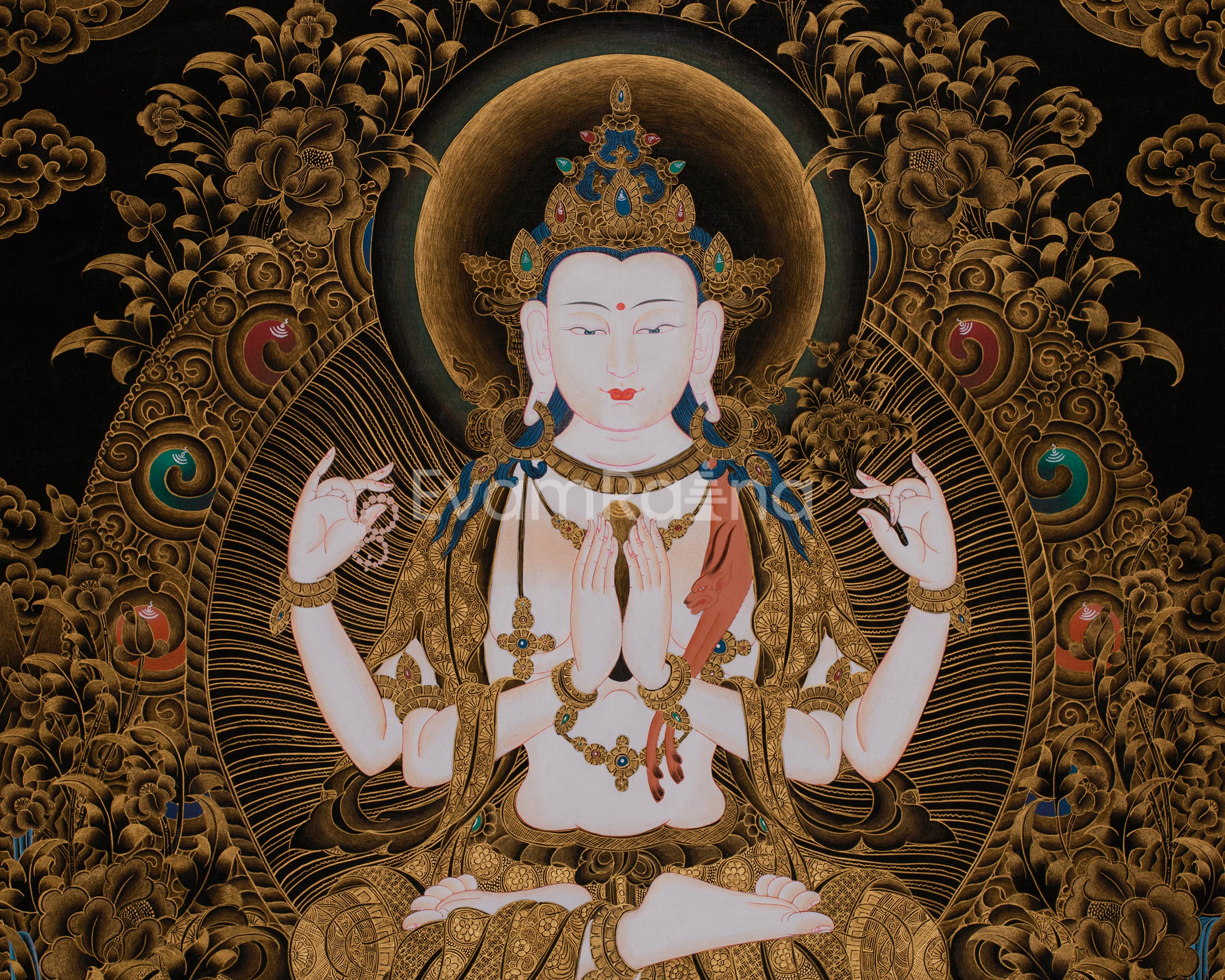 Large 30 Inches Chenrezig in Gold | Four-Armed Bodhisattva of Infinite Compassion