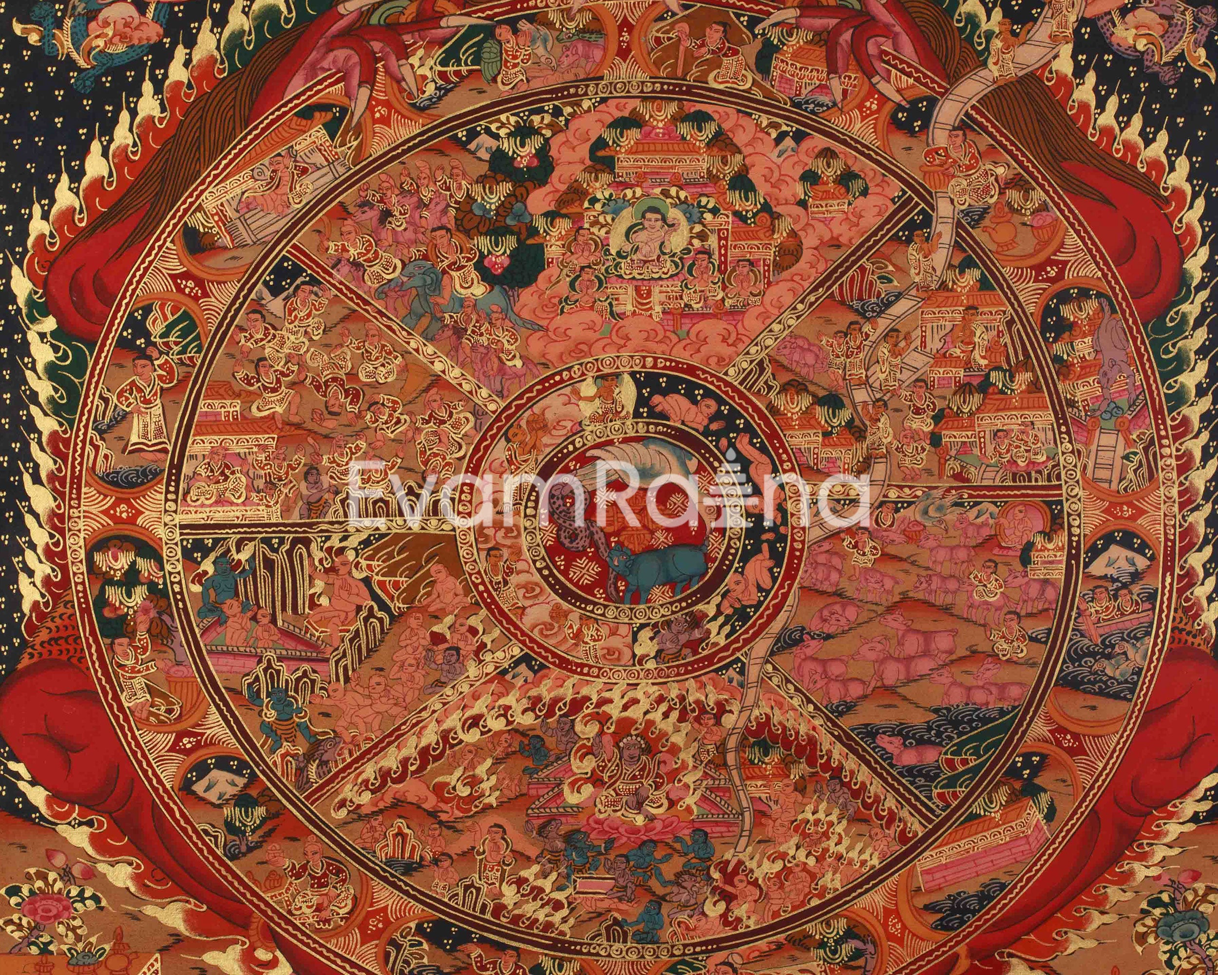 Traditional Bhavachakra Mandala Art | Hand-Painted Wheel of Life Thangka