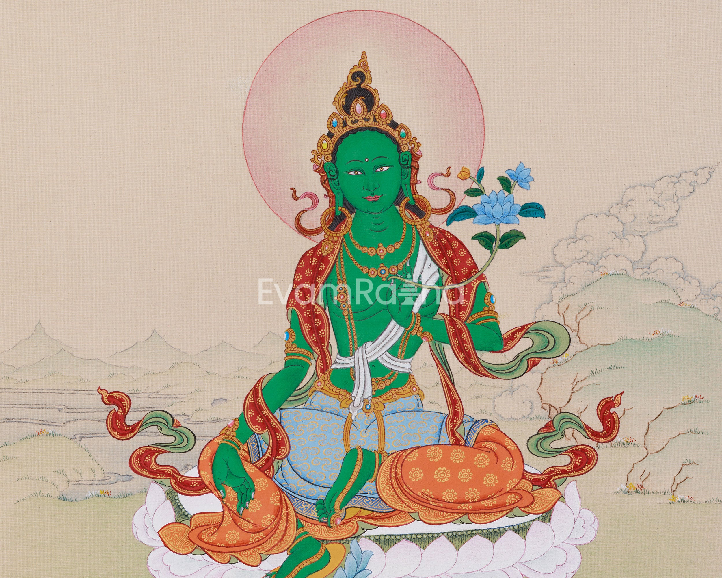 33 cm Green Tara Painting | Tibetan Goddess of Swift Protection