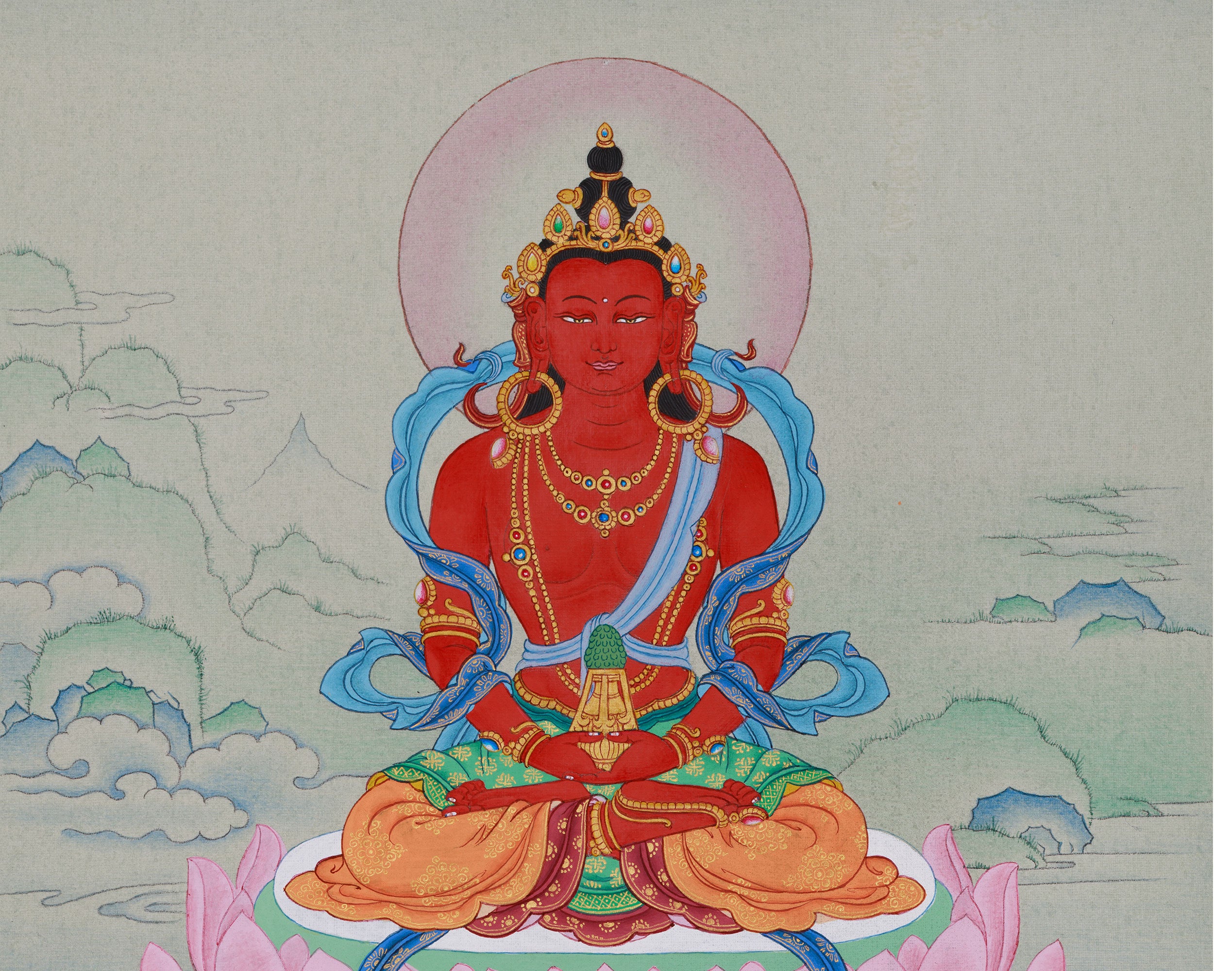 Red Amitayus Buddha Thangka | Hand-Painted Longevity Deity | Traditional Artwork