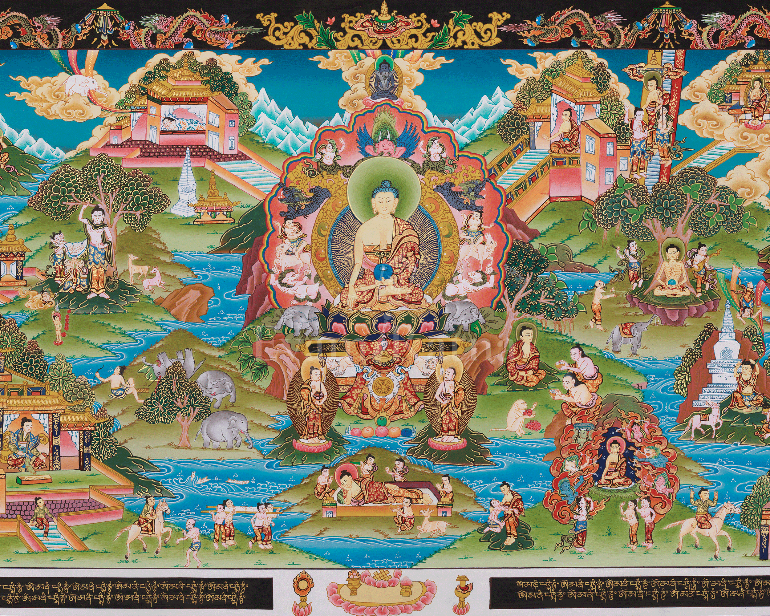 Horizontal Buddha Life Story Thangka | A Sacred Thangka of Awakening