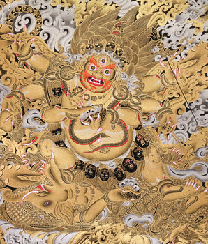 Majestic Gold & Silver Wrathful Six-Armed Mahakala Thangka | Protector of Dharma