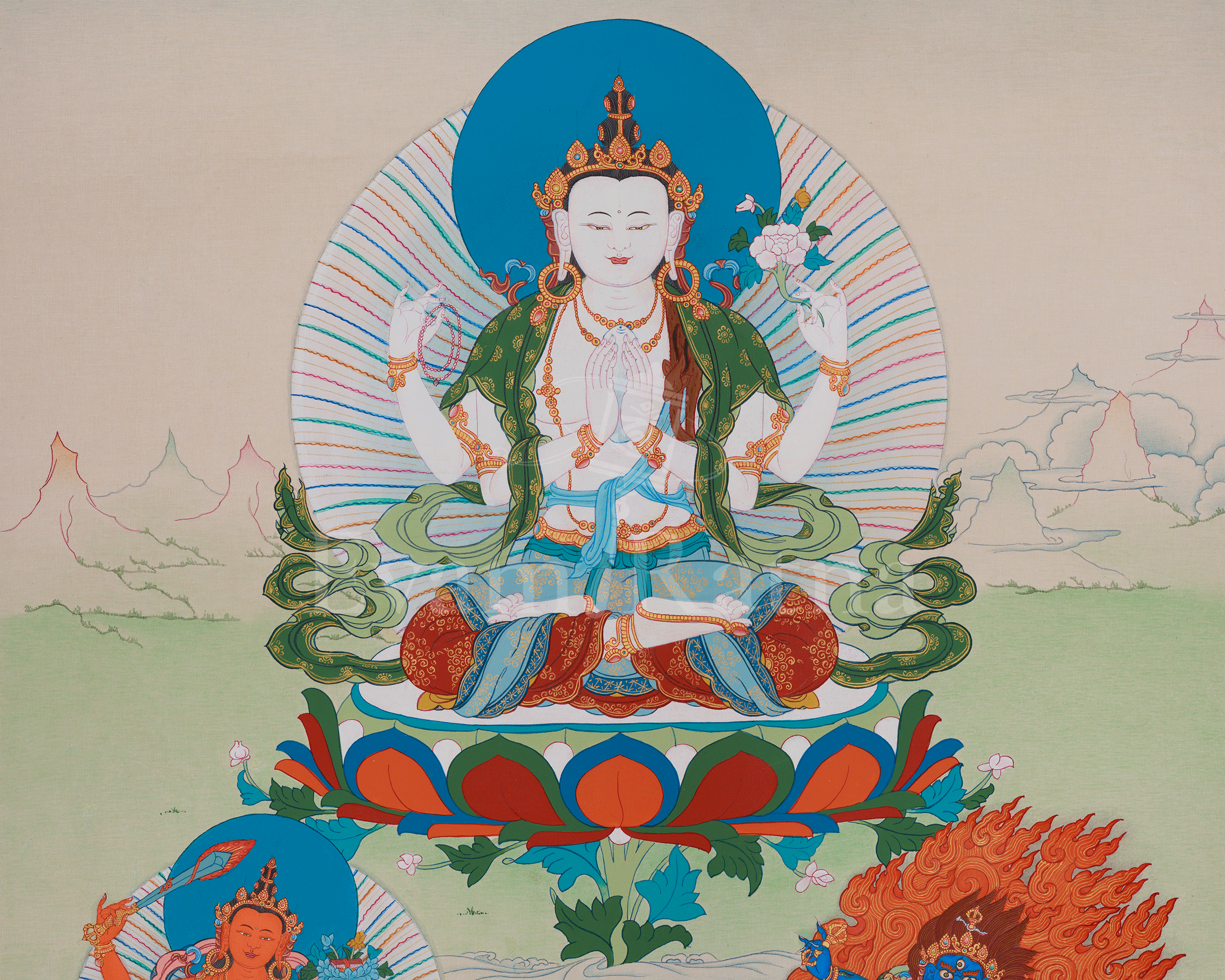 Chenrezig With Great Bodhisattvas Thangka | Wisdom Deity Manjushri | Vajrapani Art