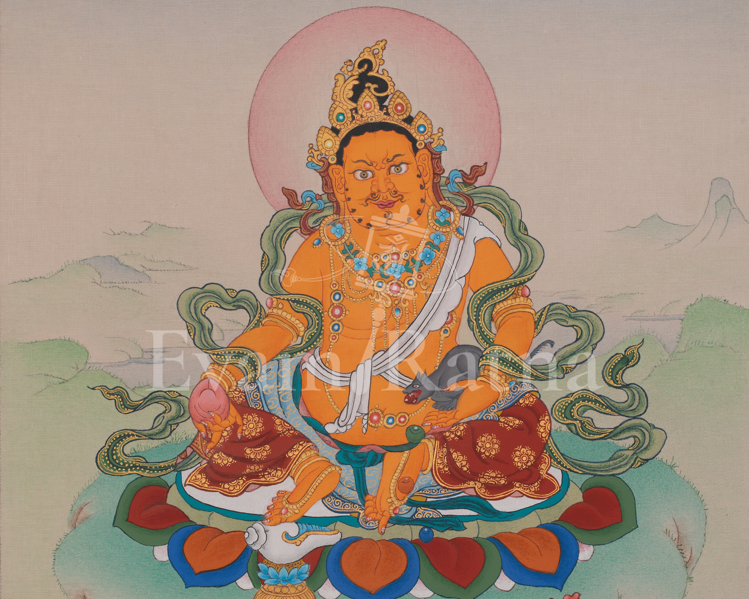 Dzambhala Prosperity Buddhist Art | Tibetan Thangka of Wealth and Abundance