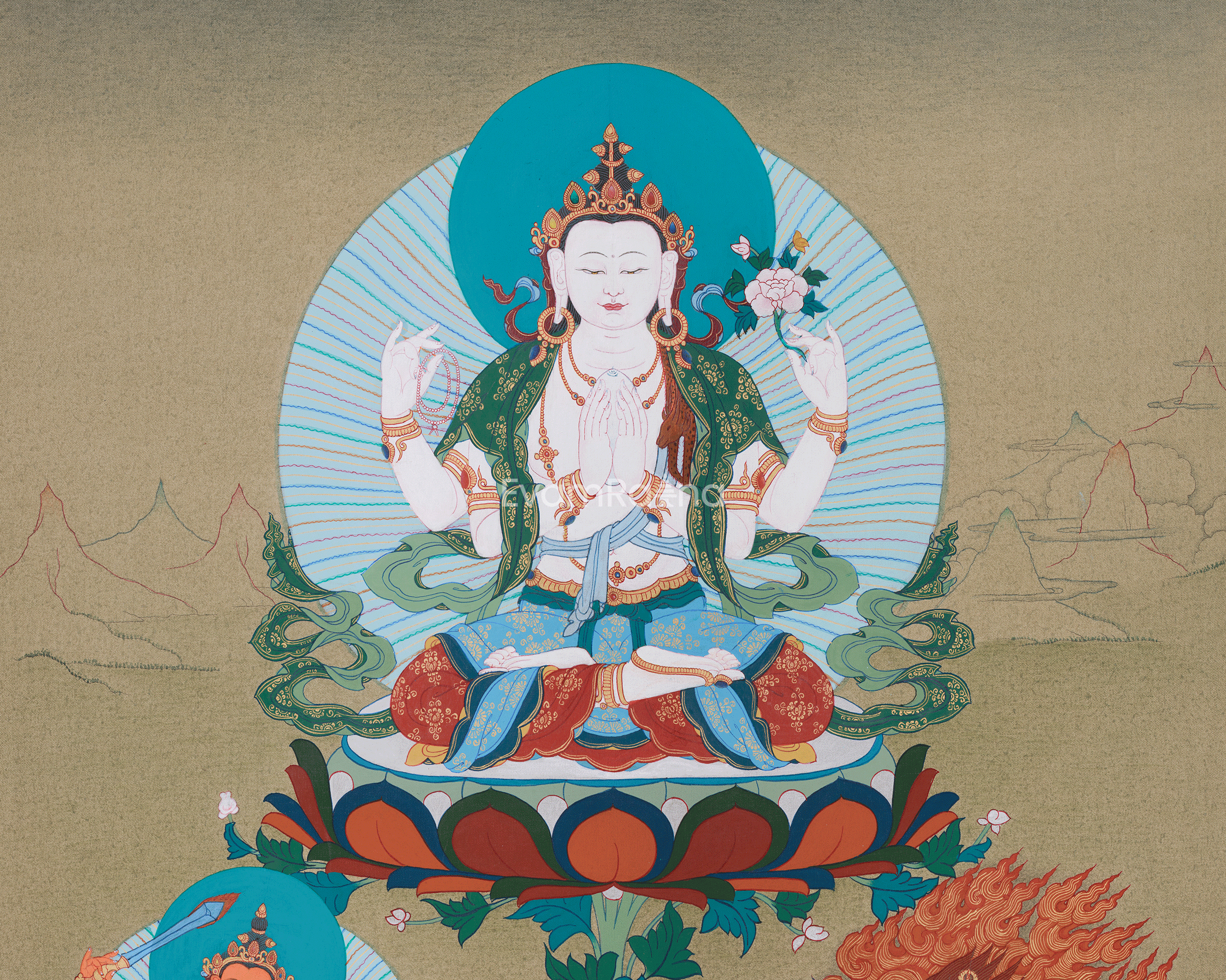 Tibetan Compassion Deity, Chenrezig | Four-Armed Avalokiteshvara Thangka