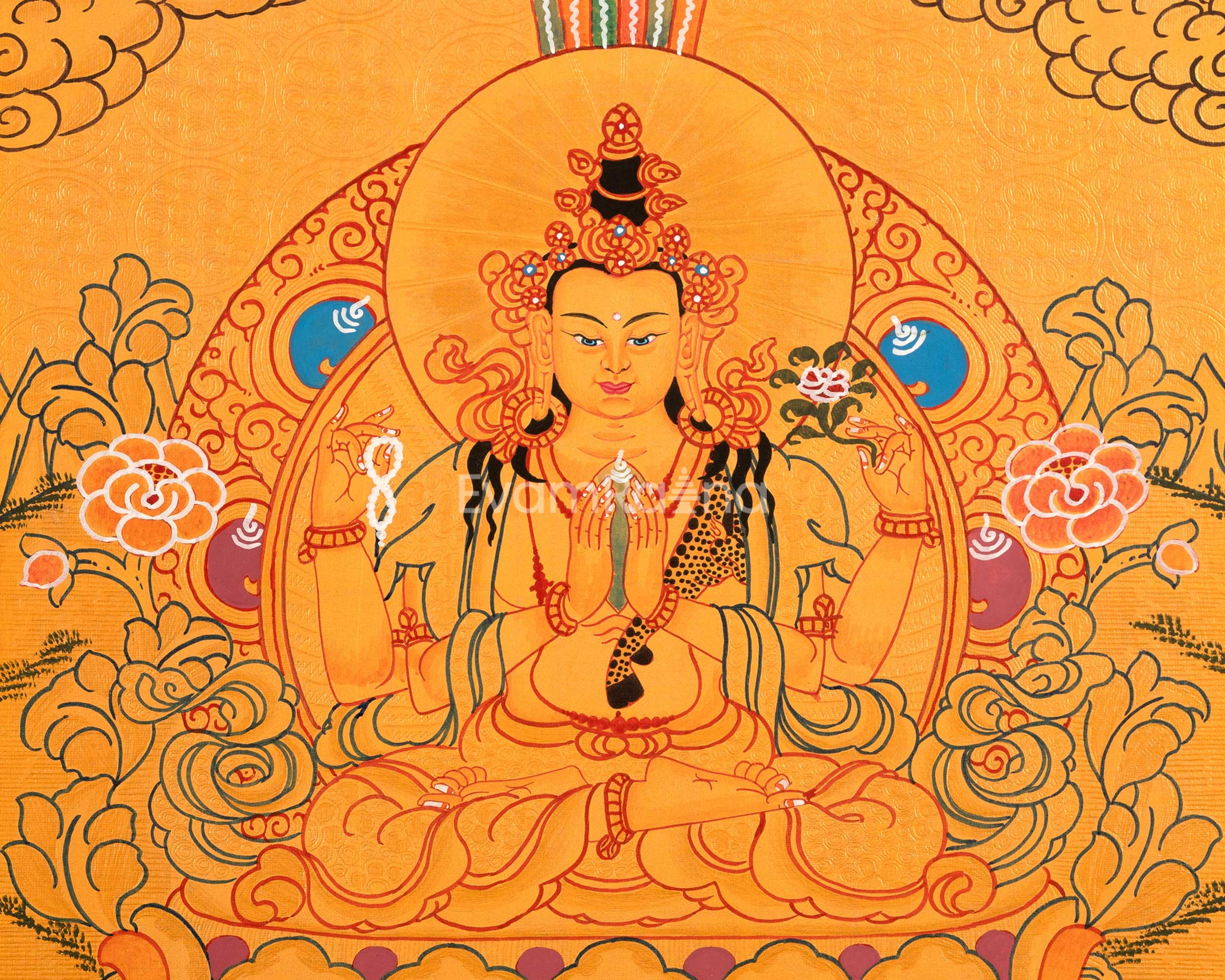 Sacred Thangka of Four-Armed Chenrezig | Tibetan Bodhisattva of Compassion